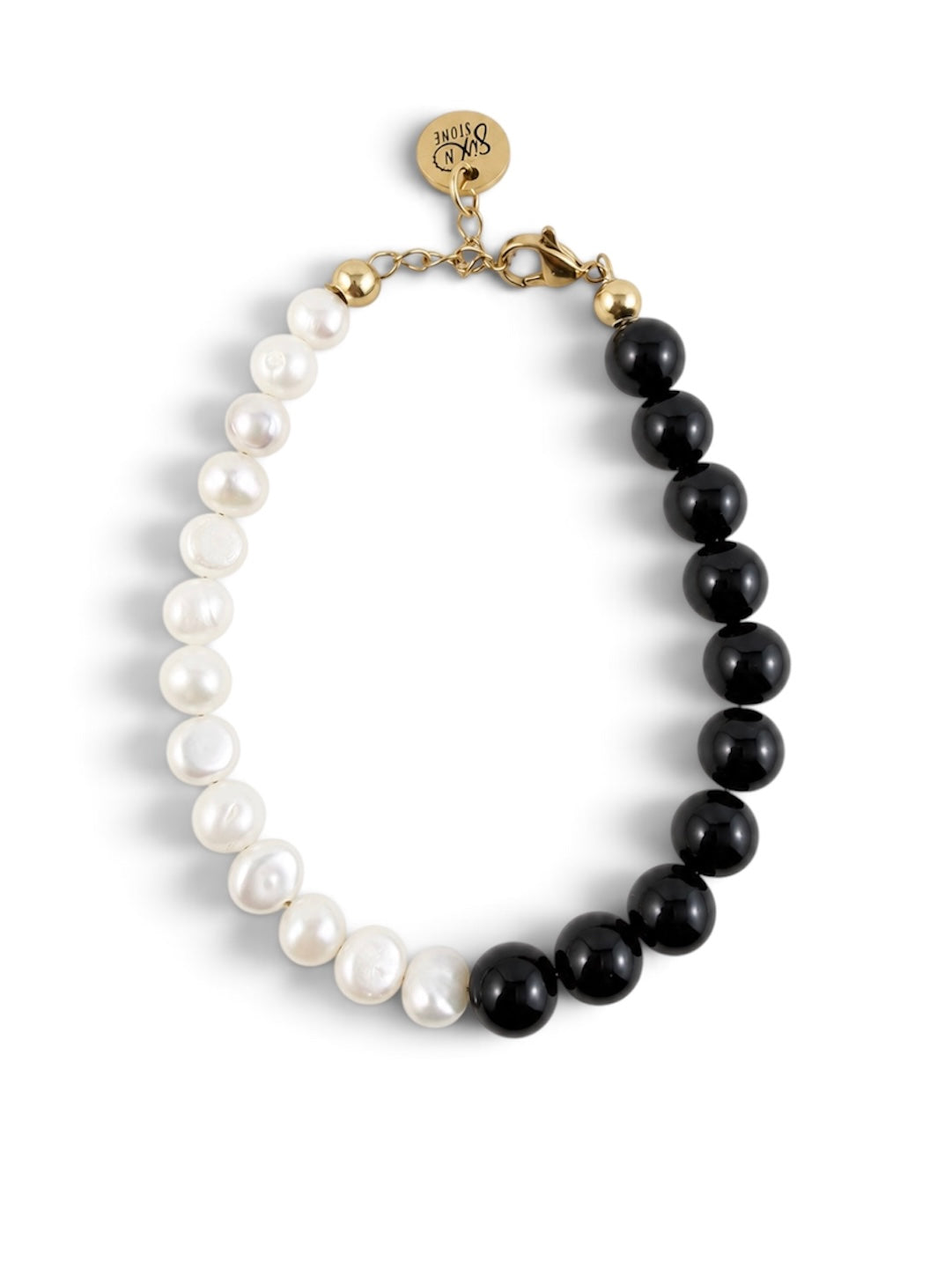 Cookies & Cream Bracelet Black Onyx and freshwater pearls by Six N Stone gold clasp