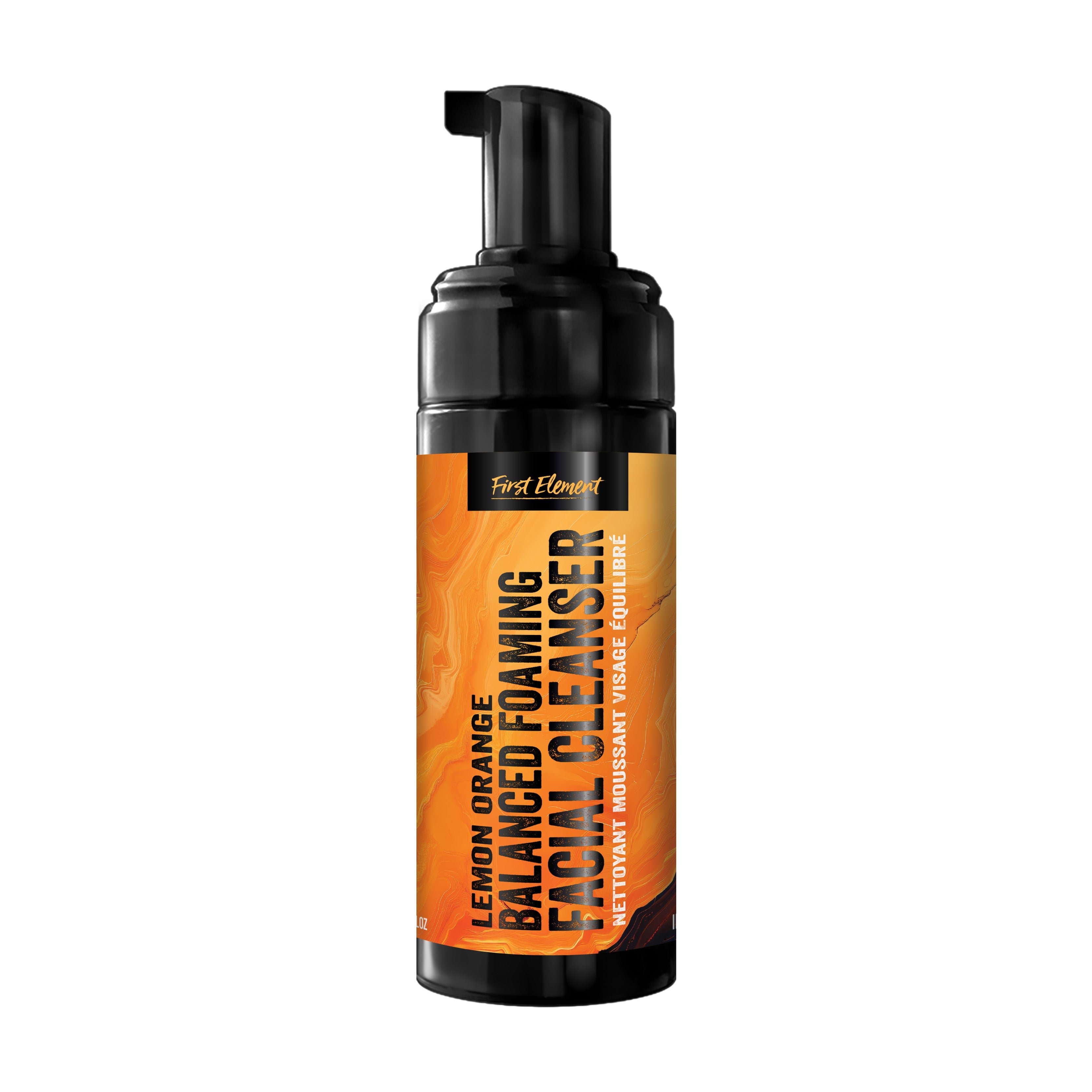 A bottle of First Element Lemon Orange Balanced Foaming Facial Cleanser with a black pump dispenser and a vibrant orange label, shown on a plain white background.