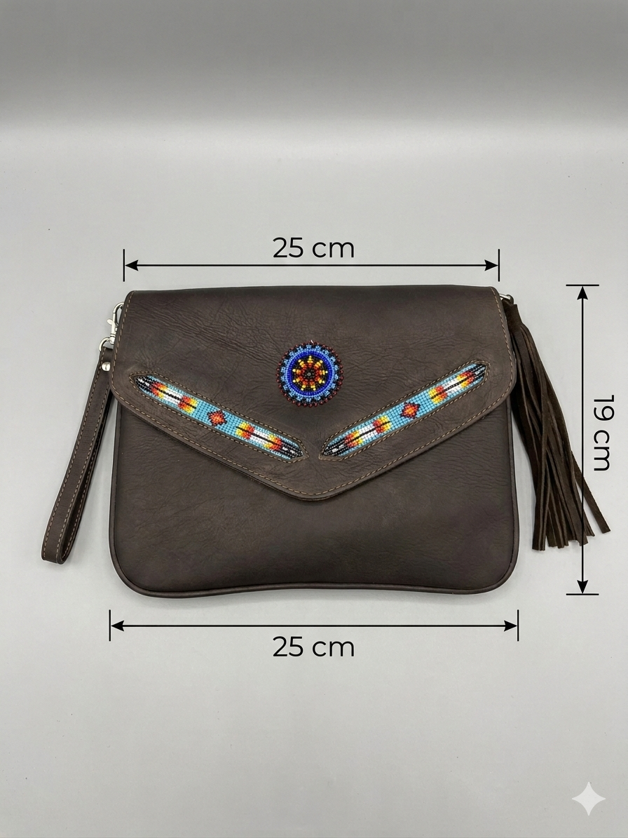 OldTribes Brown leather handbag with decorative elements and measurements on a gray background