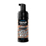 A bottle of First Element Premium Quality Classic BarberShop Foaming Beard Wash, featuring a black pump dispenser and a label with a rustic wood-grain pattern on a white background.