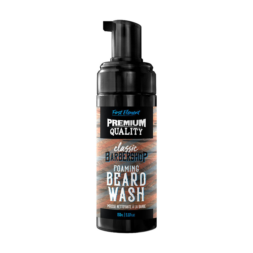 A bottle of First Element Premium Quality Classic BarberShop Foaming Beard Wash, featuring a black pump dispenser and a label with a rustic wood-grain pattern on a white background.