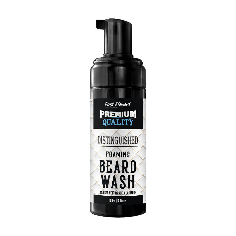 A bottle of First Element Premium Quality Distinguished Foaming Beard Wash, featuring a black pump dispenser and a black-and-white label with blue accents, set against a plain white background.