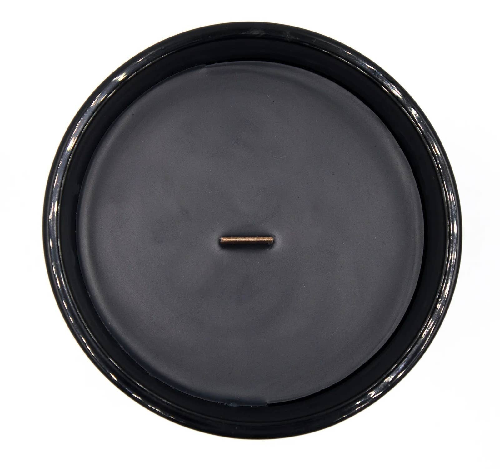 Top view of FYR Dragon's Breath candle in a black matte jar with a wooden wick.