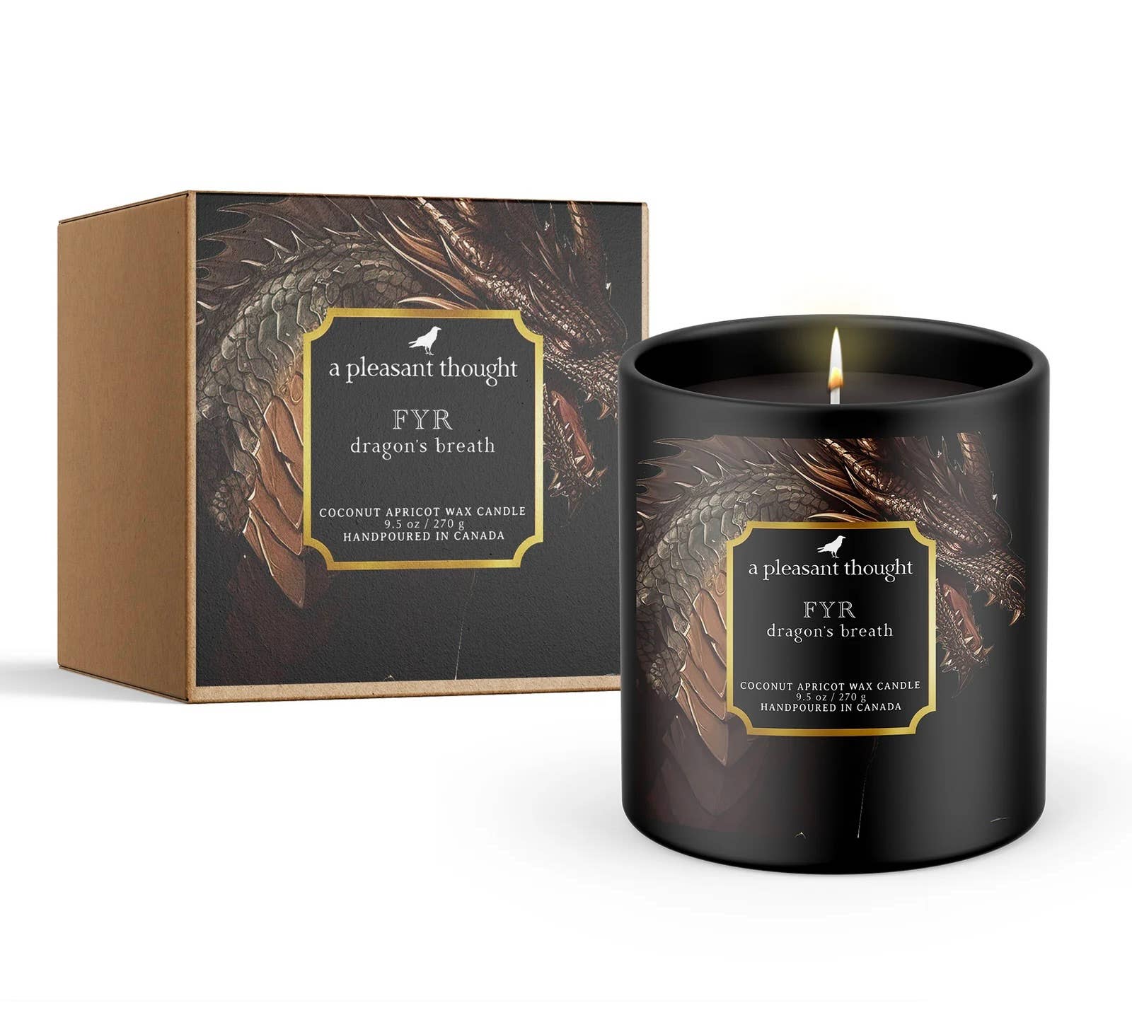 FYR dragon's breath candle in black matte jar with wooden wick and packaged in a decorative box.