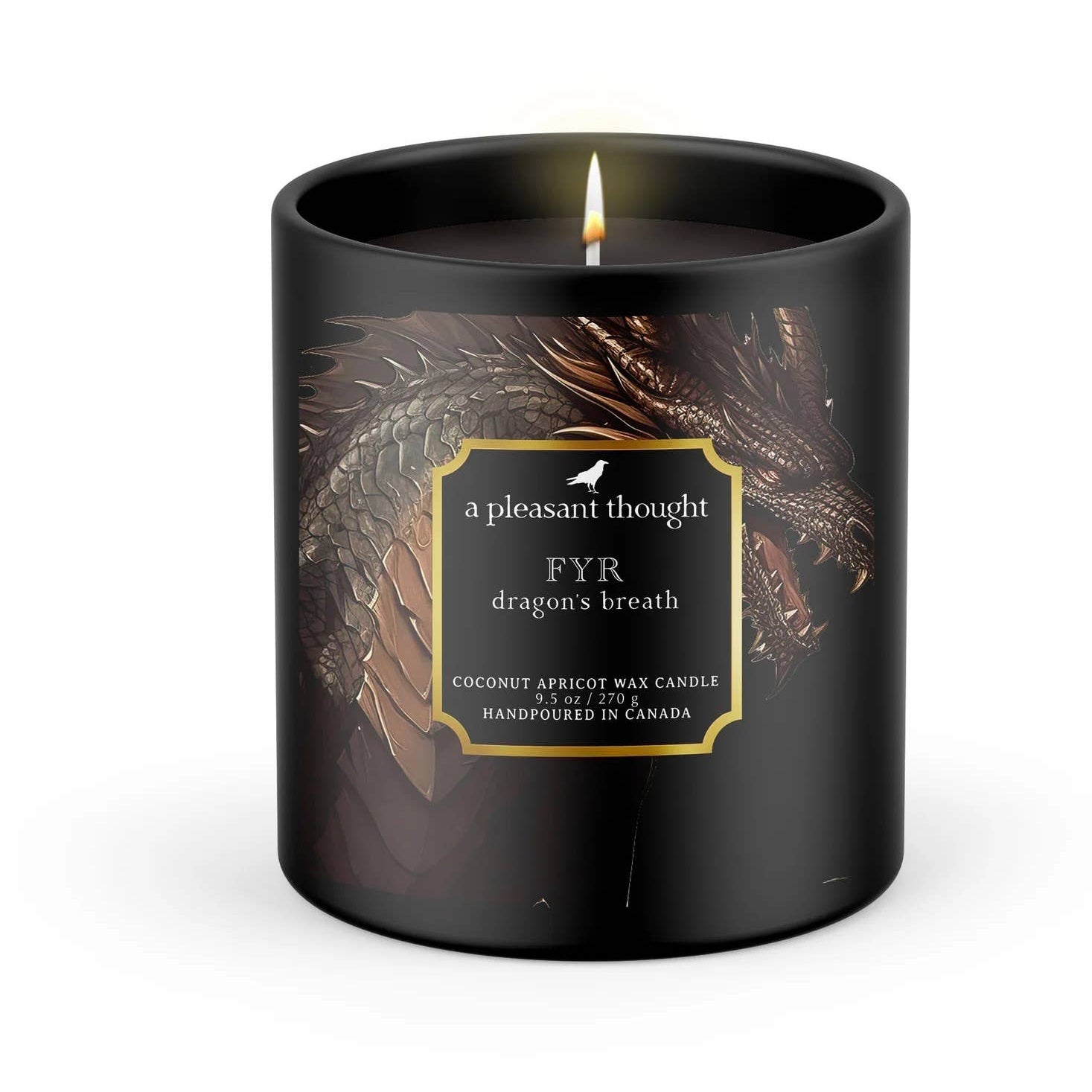FYR Dragon's Breath candle in black matte jar, featuring a dragon design and wooden wick, handcrafted in Canada.