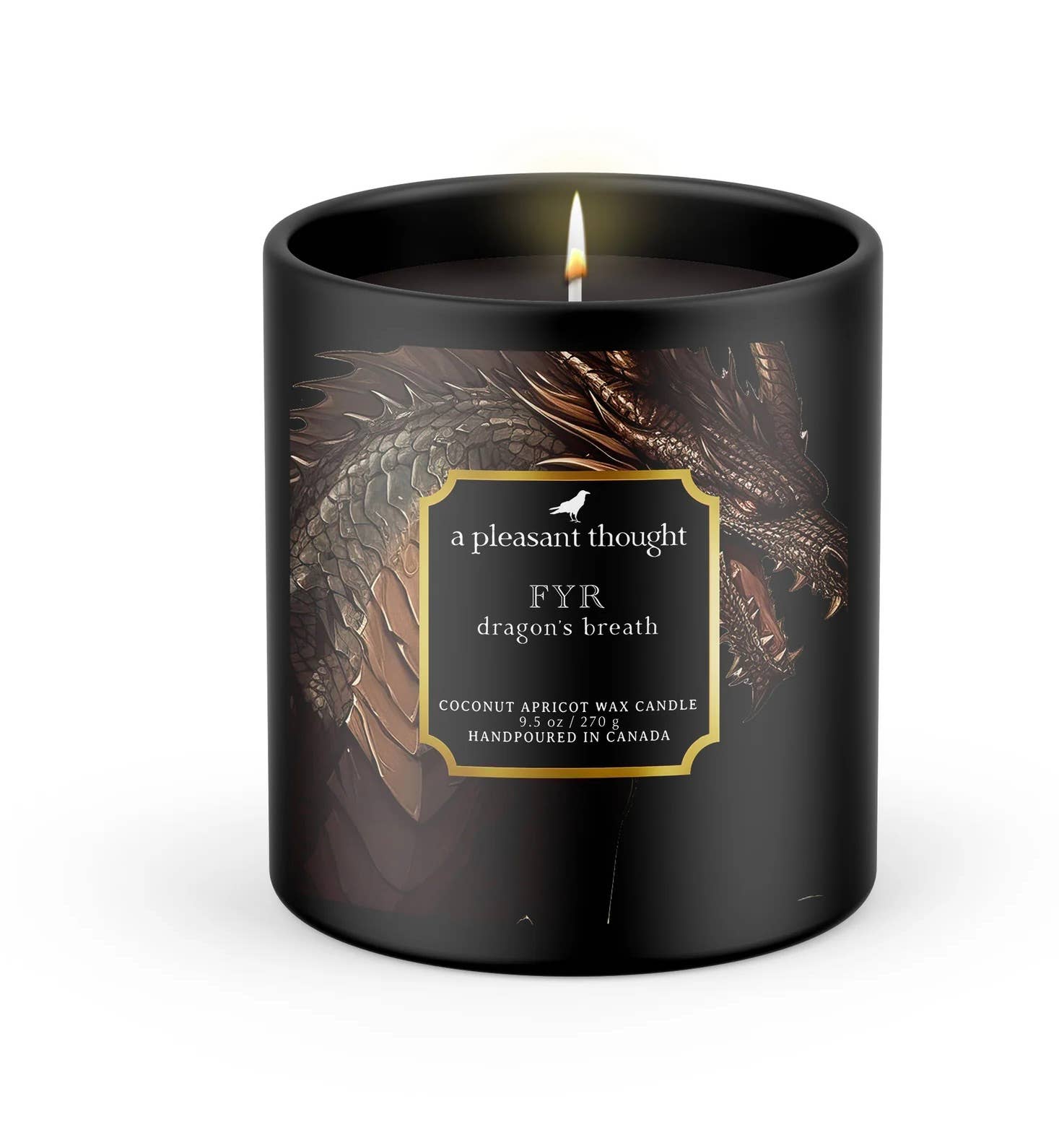 FYR Dragon's Breath candle in black matte jar, featuring a dragon design and wooden wick, handcrafted in Canada.