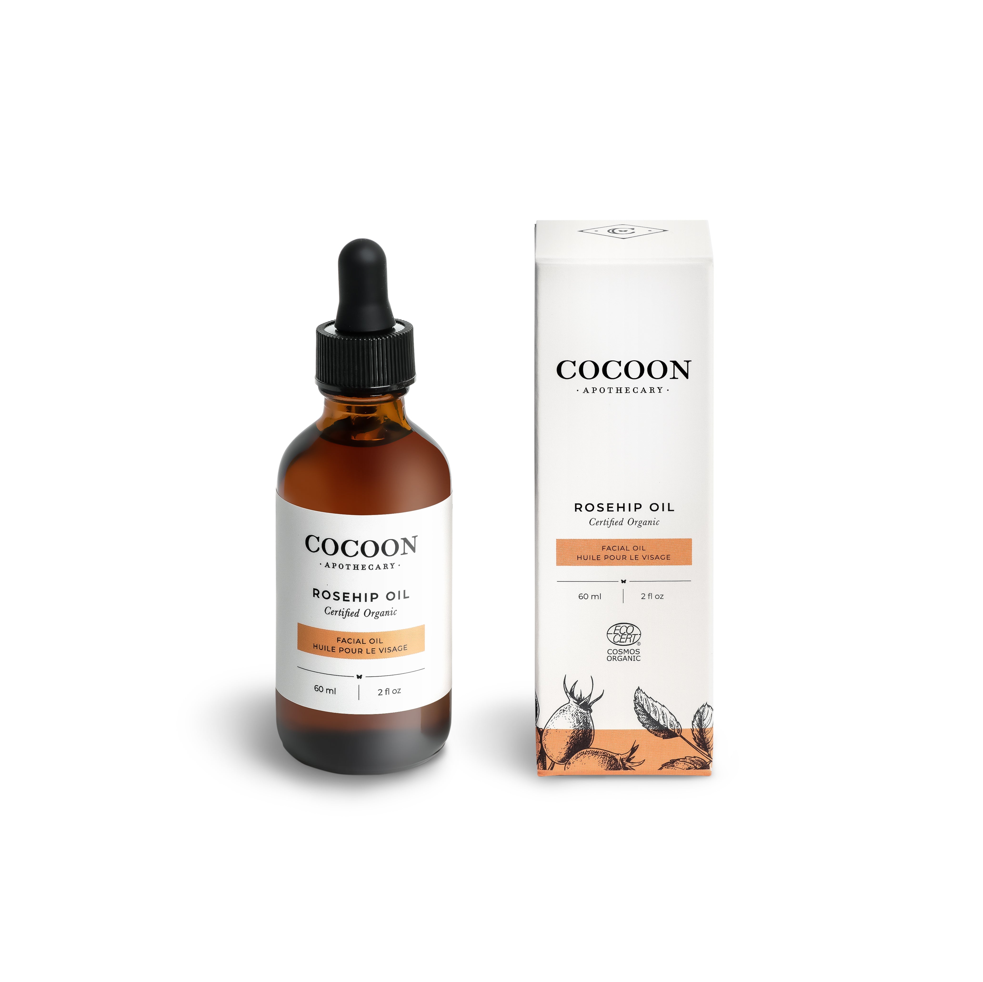 Cocoon Apothecary Rosehip Oil bottle and packaging on a white background