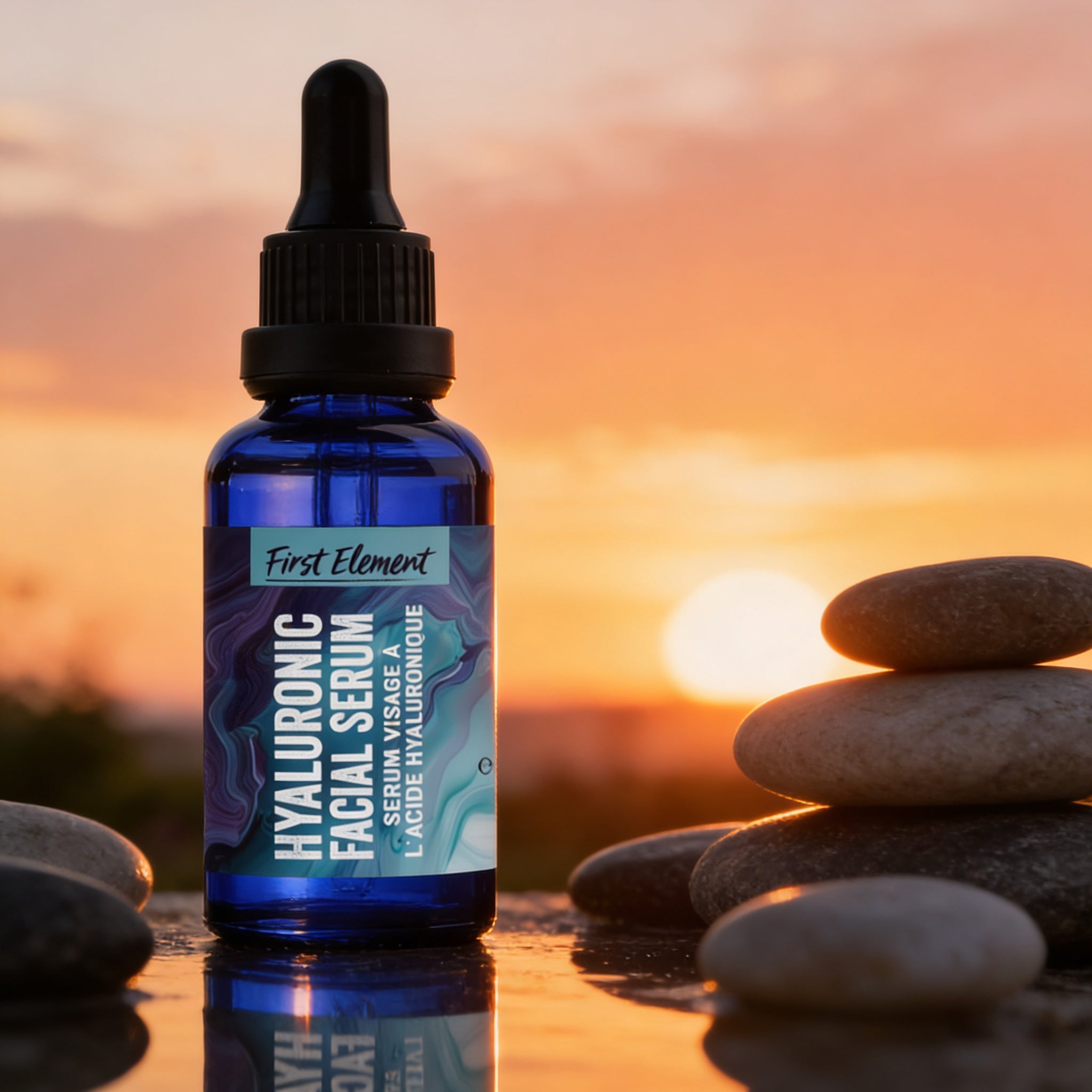 First Element | Premium Hydrating Hyaluronic Serum bottle with a sunset background