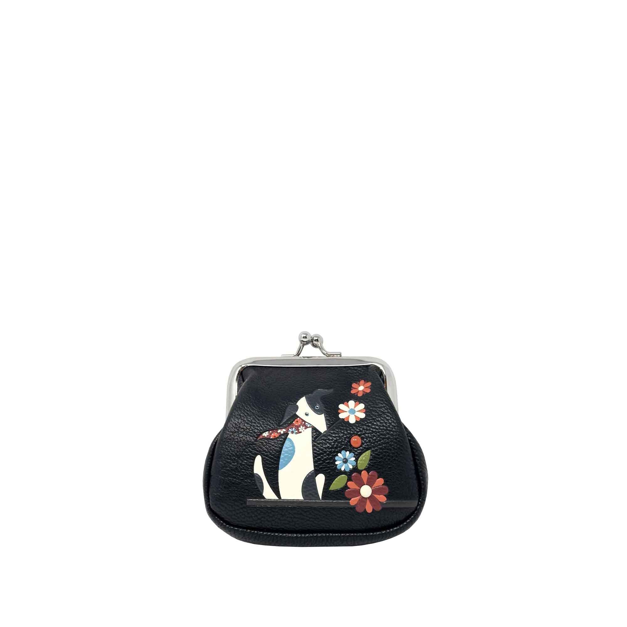 A small black Espe Vegan Corp coin purse with a silver kiss-lock clasp, 