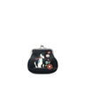 A small black Espe Vegan Corp coin purse with a silver kiss-lock clasp, 