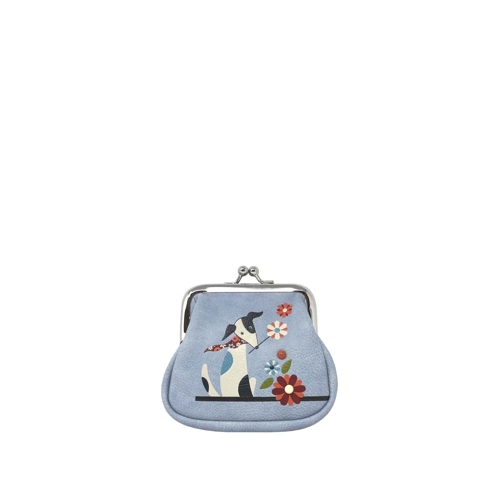 A small light blue Espe Vegan Corp coin purse with a silver kiss-lock clasp, featuring an embroidered design of a black and white cat holding a flower, surrounded by red and white flowers on a plain white background.