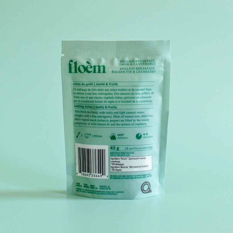 Floèm Boreal English Breakfast loose leaf Black tea with balsam fir and Quebec cranberry back label