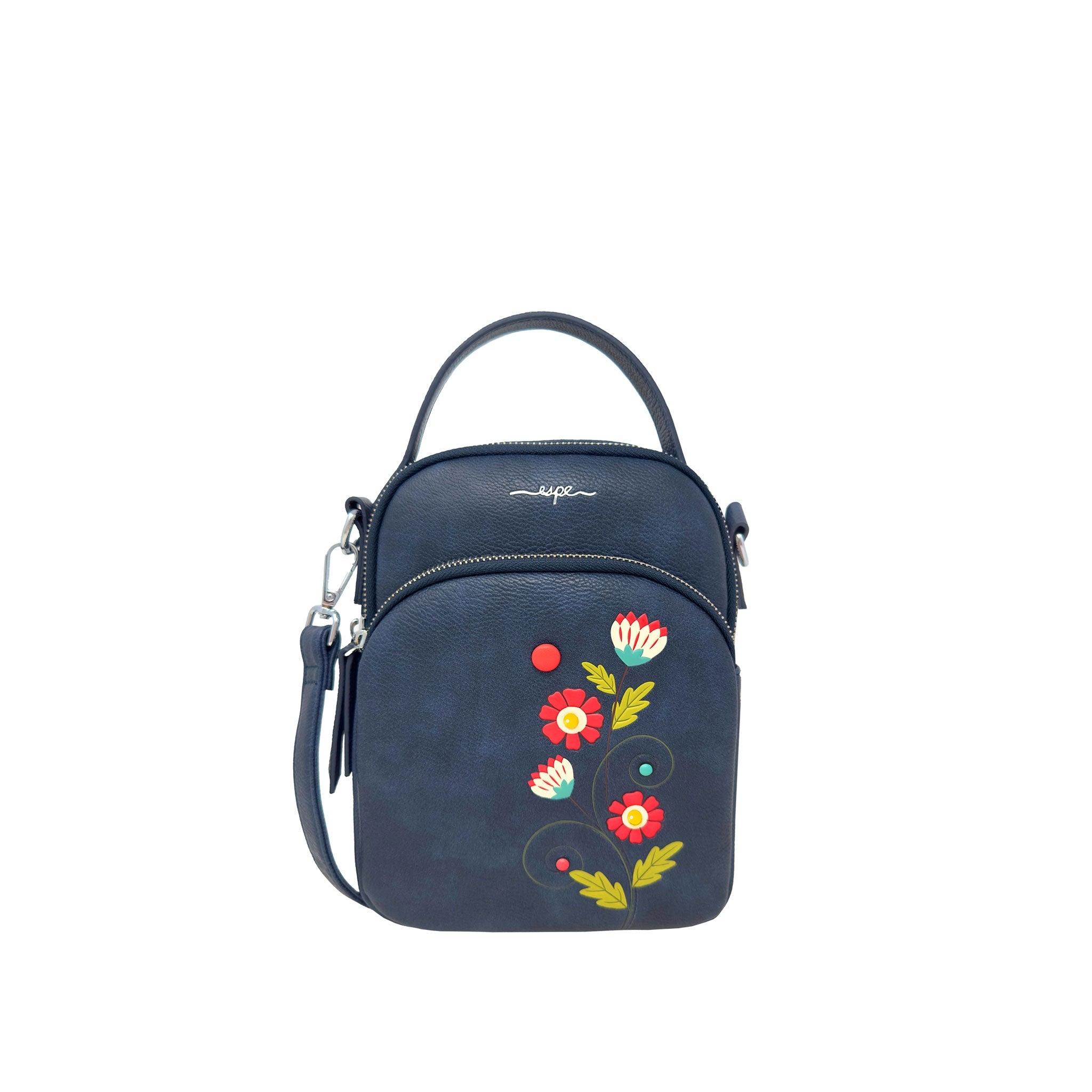 Espe Vegan Corp Navy blue handbag with floral embroidery on a white background