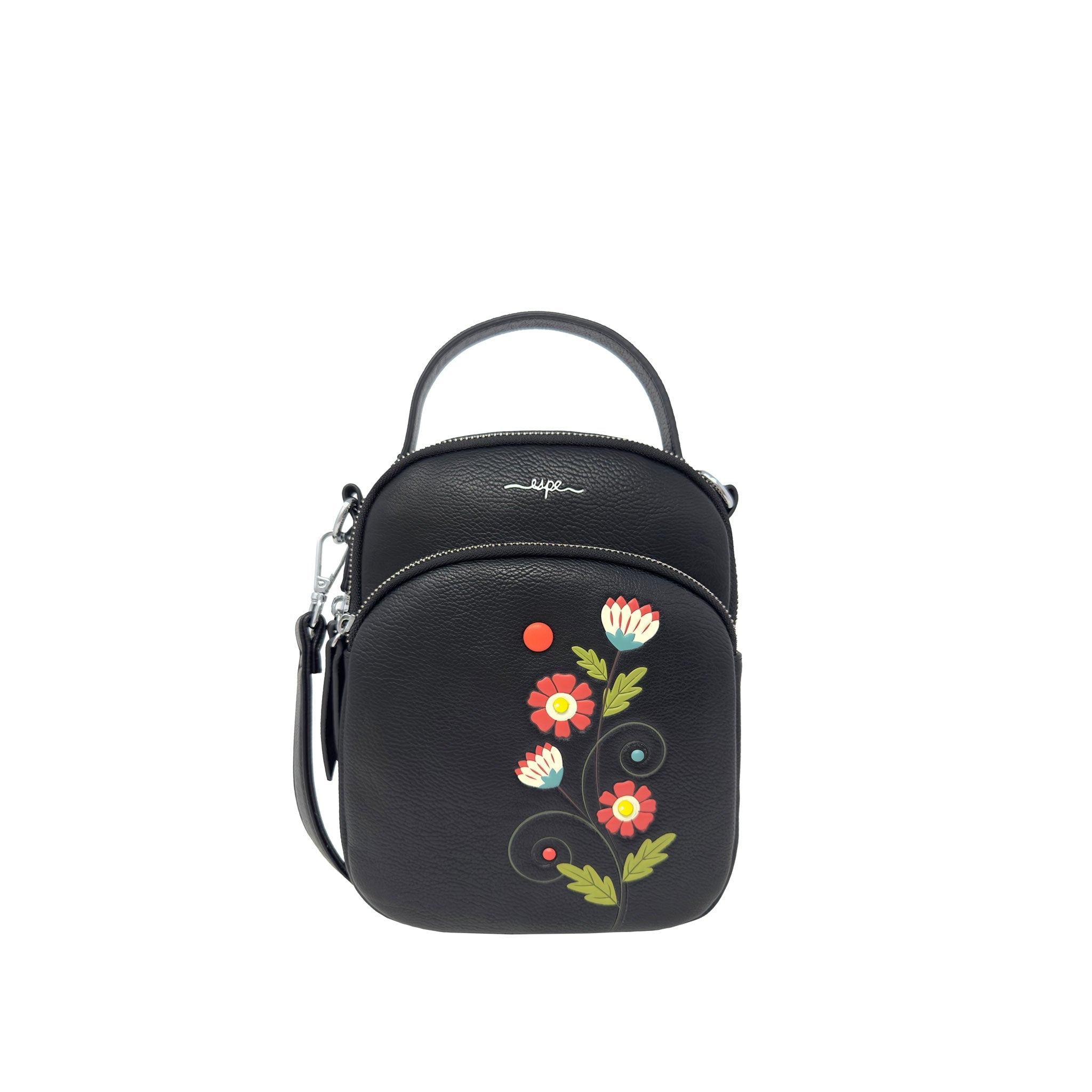 Espe Vegan Corp Black handbag with floral embroidery on a white background