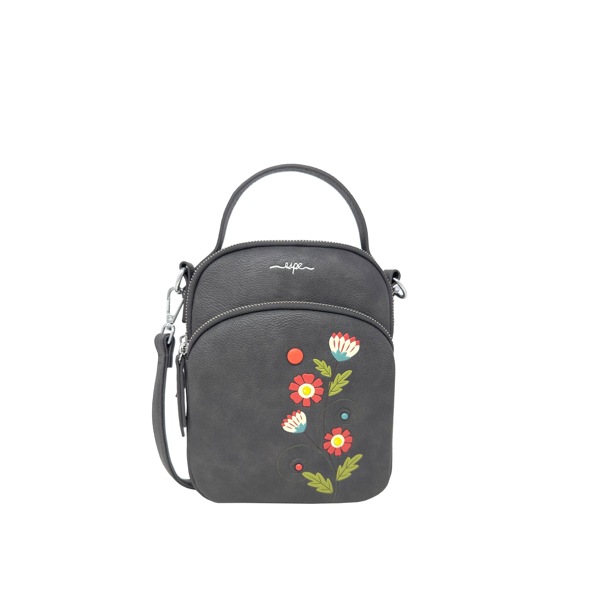 Espe Vegan Corp Gray crossbody bag with floral embroidery on a white background
