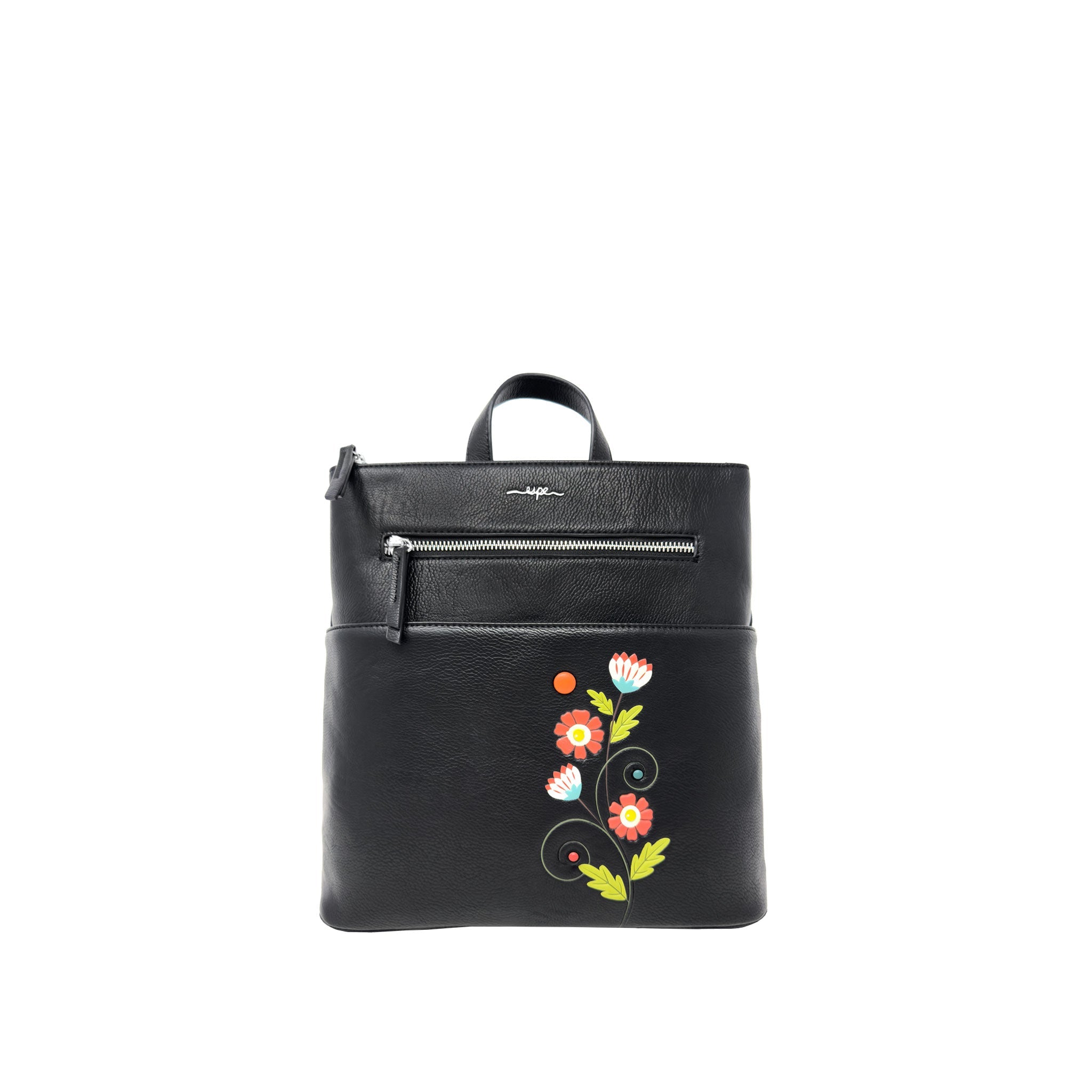 Espe Vegan Corp Black backpack with floral embroidery on a white background