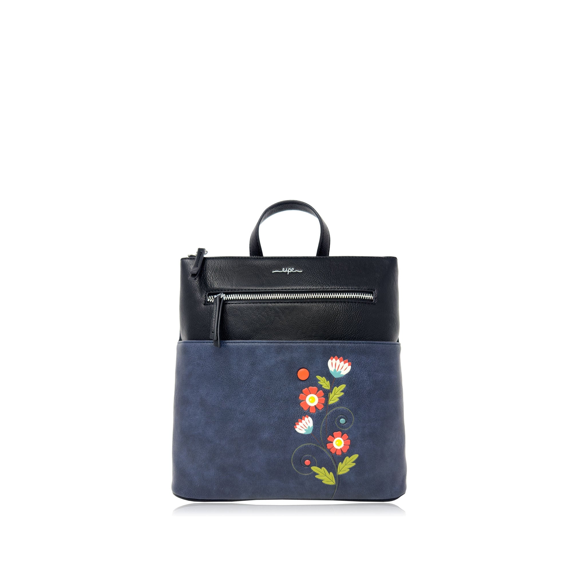 Espe Vegan Corp Black and blue backpack with floral embroidery on a white background