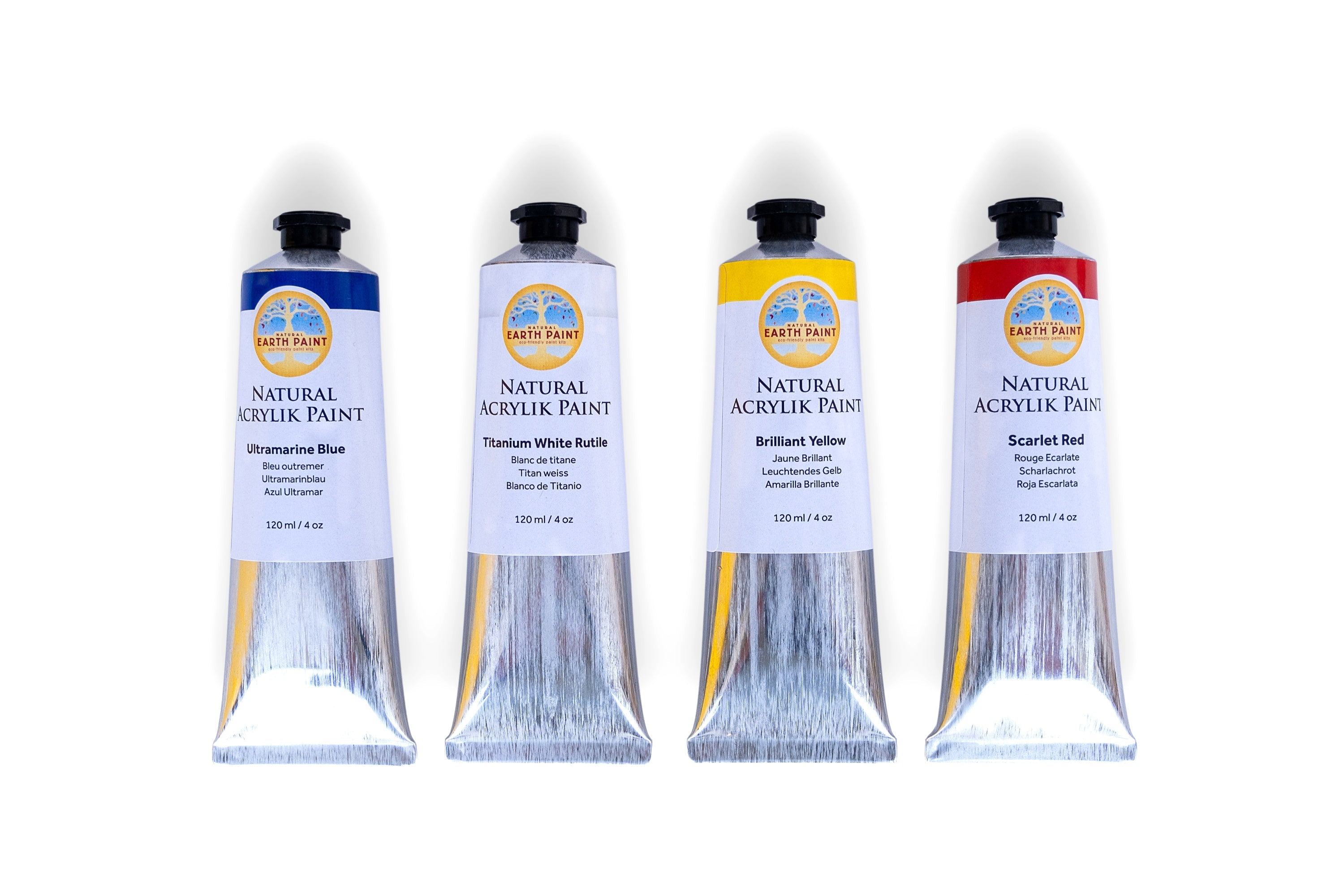 Four tubes of natural acrylic paint from Earthborn on a white background