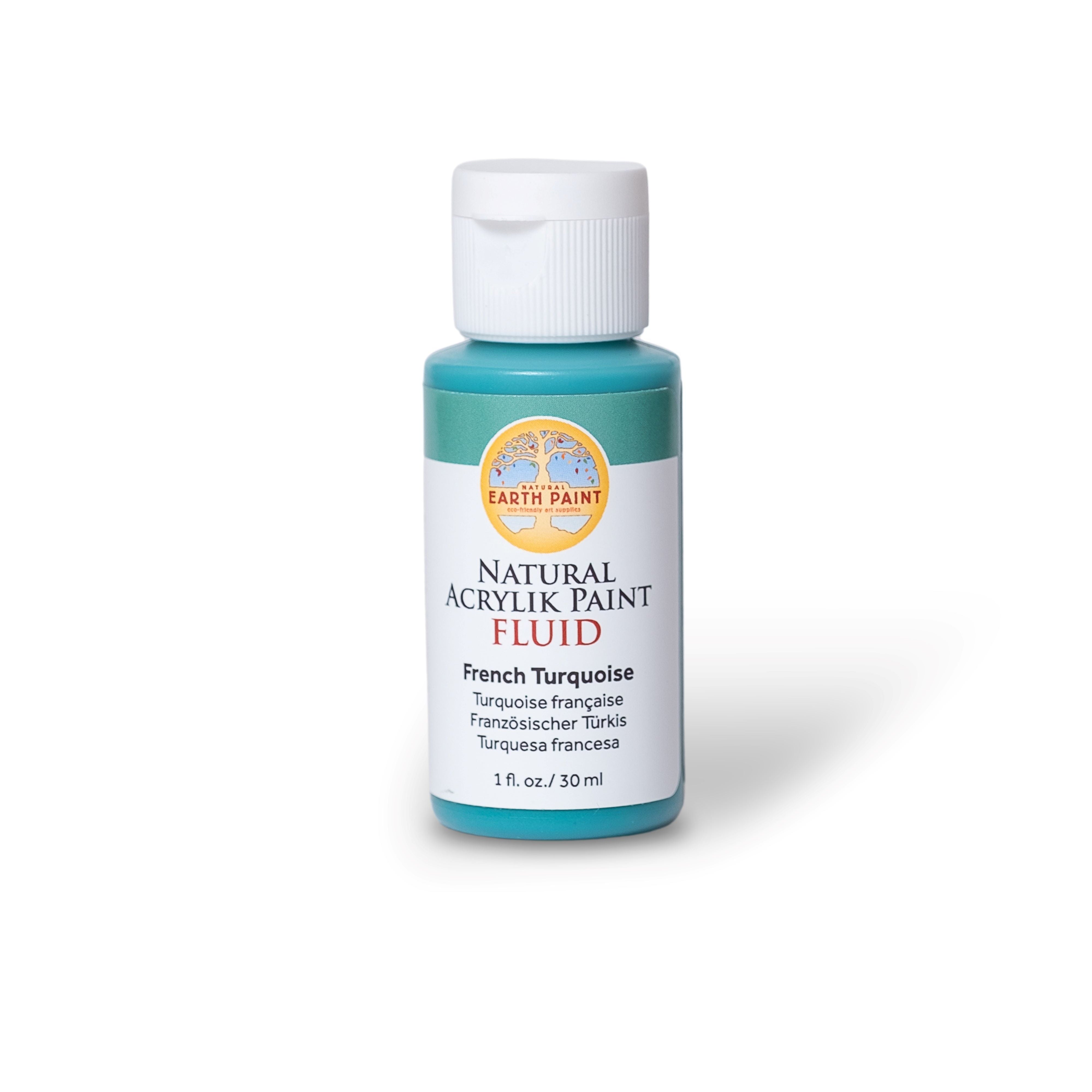 Bottle of natural acrylic paint fluid in French Turquoise on a white background