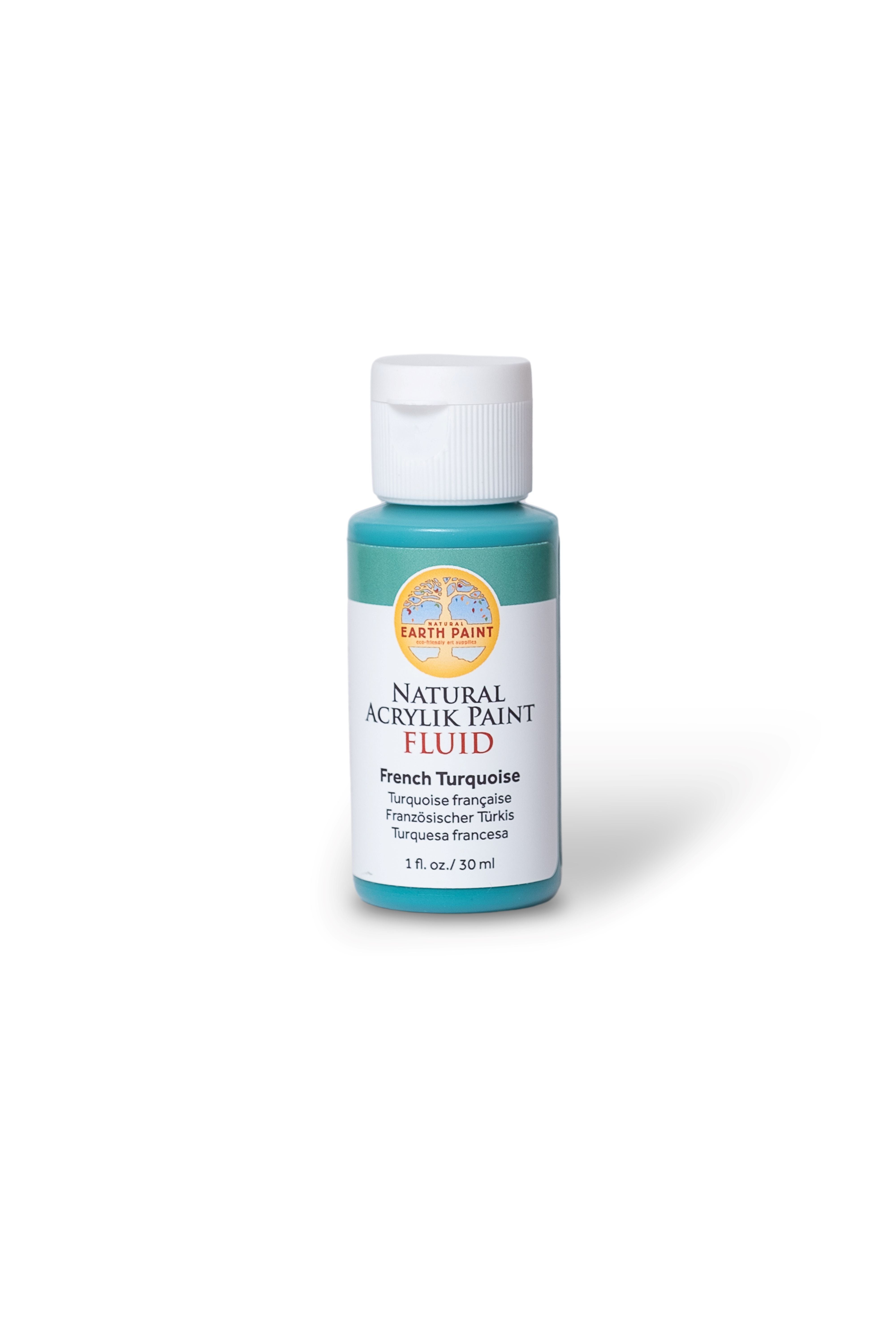 Bottle of natural acrylic paint fluid in French Turquoise on a white background