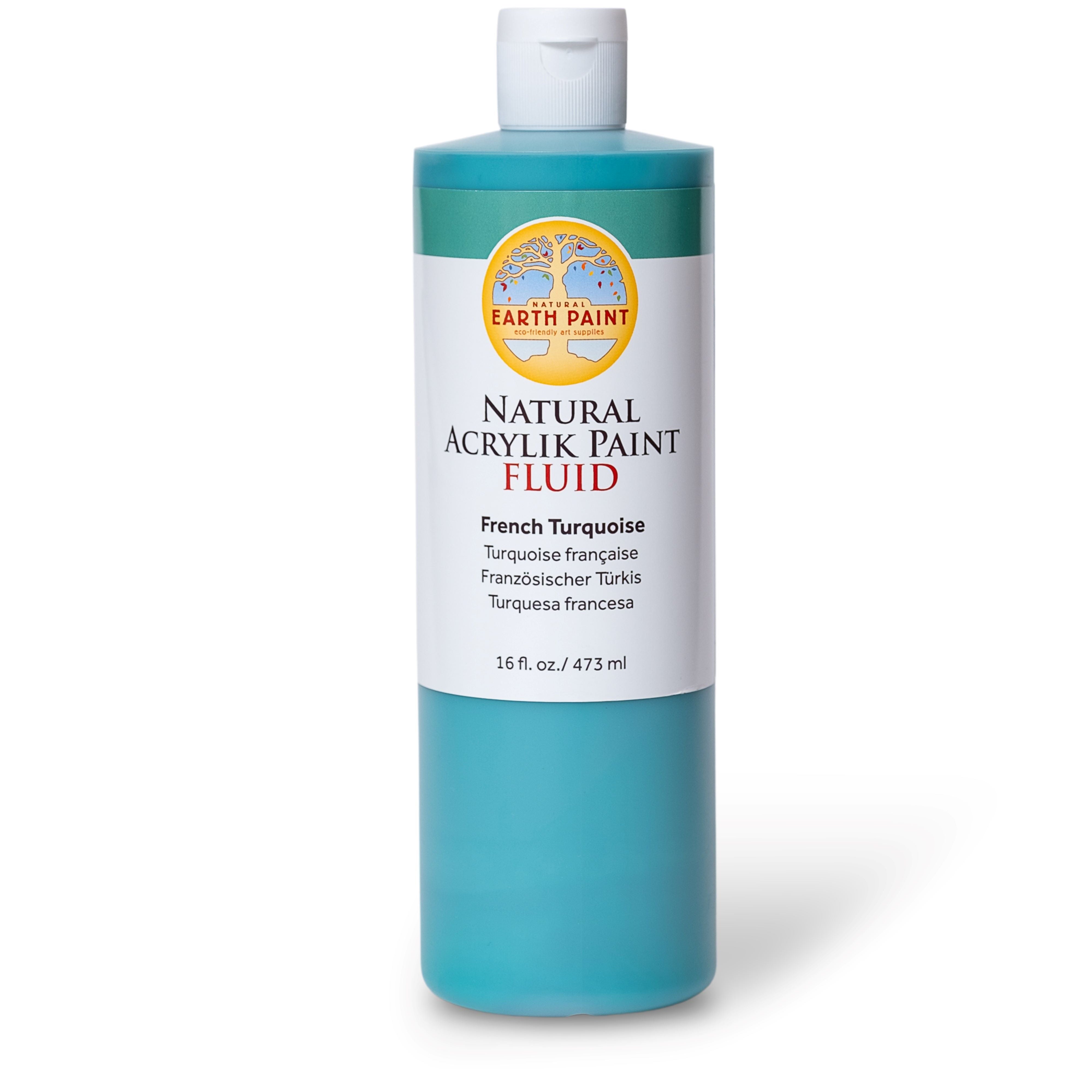 Bottle of Earthly Paint Natural Acrylik Paint Fluid in French Turquoise on a white background