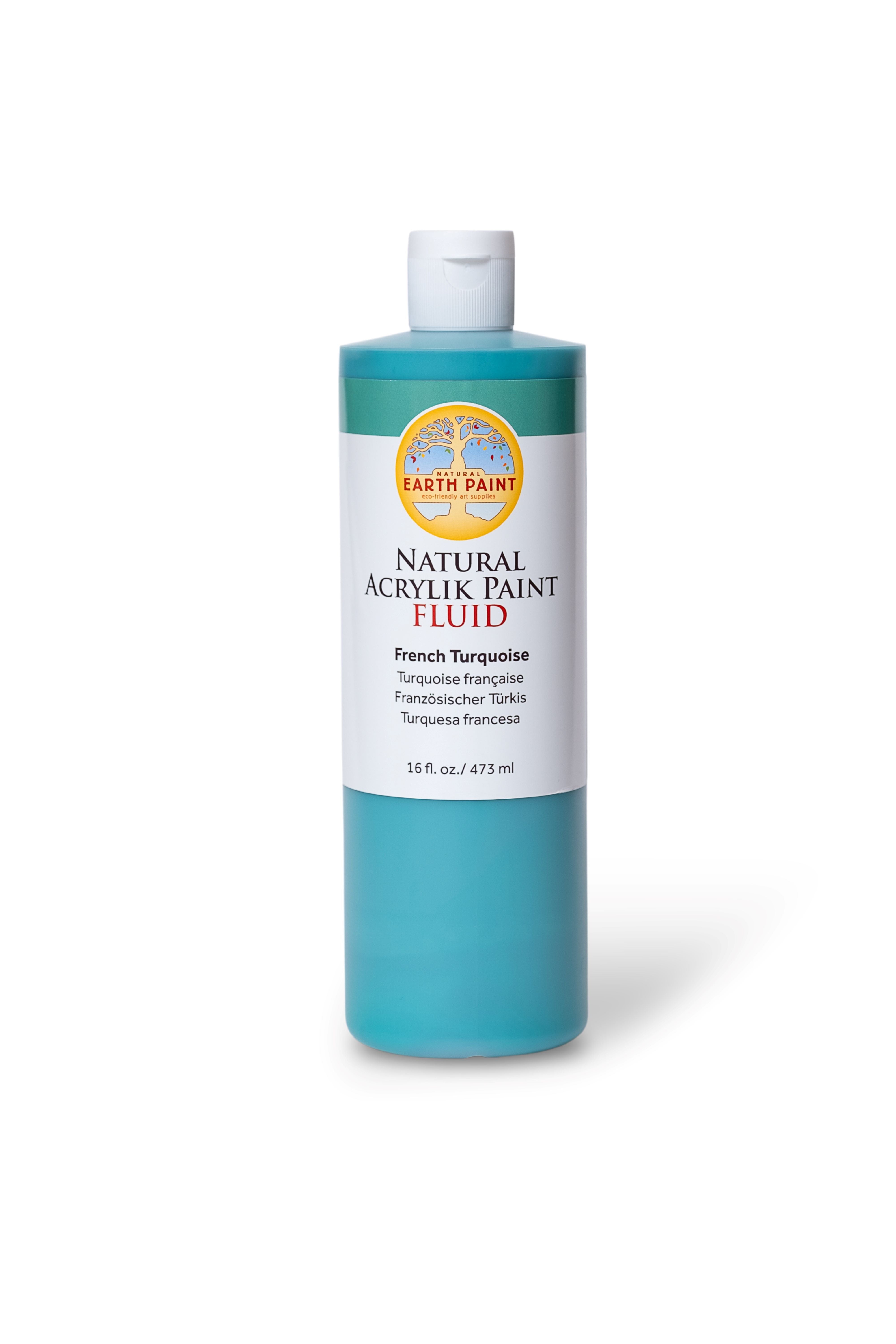Bottle of Earthly Paint Natural Acrylik Paint Fluid in French Turquoise on a white background