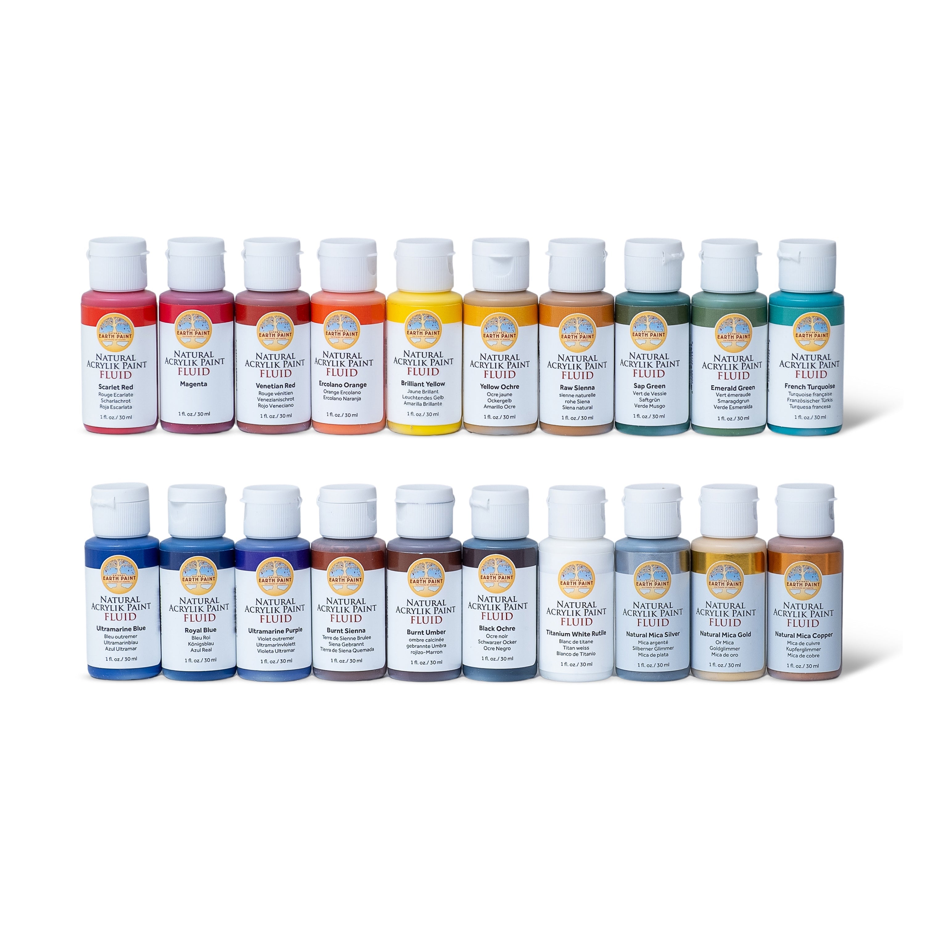 Set of 24 small bottles of natural plant paint fluid on a white background