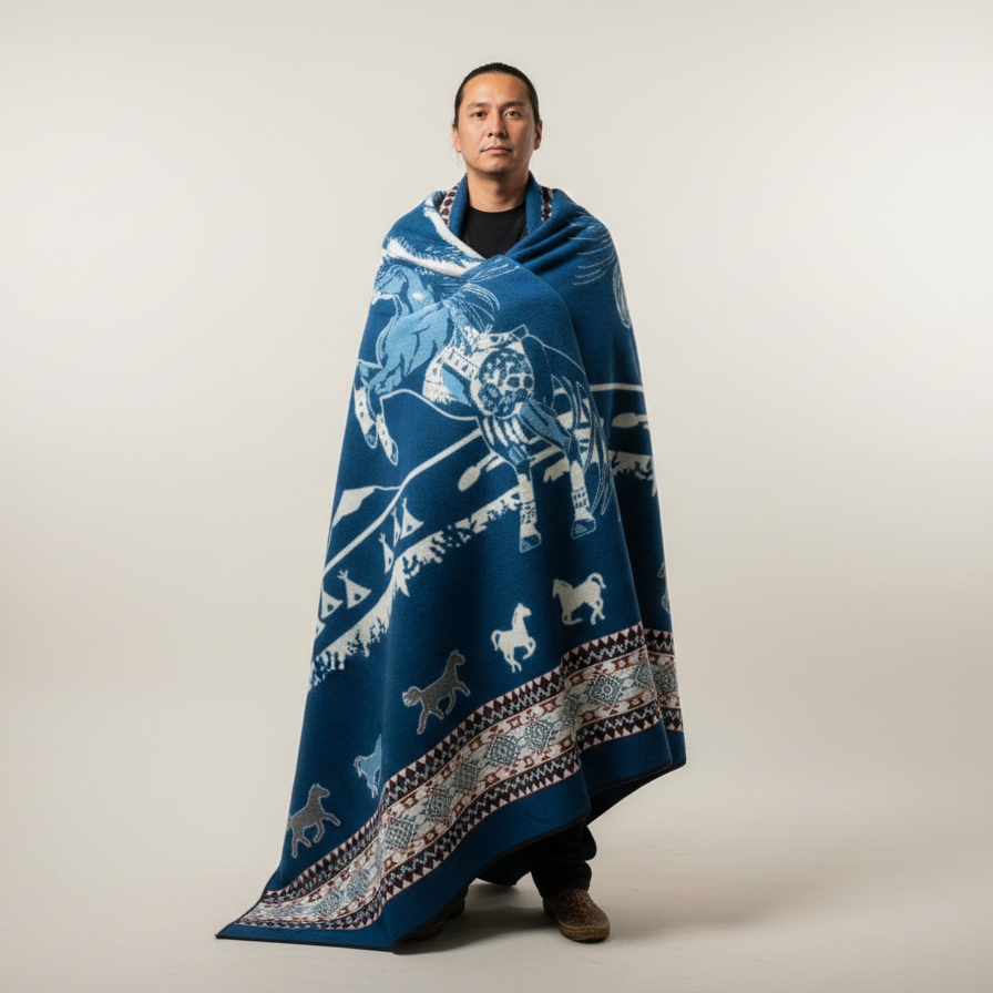 Old Tribes Horse Spirits Alpaca Blanket – turquoise – Queen Size Southwestern Blanket