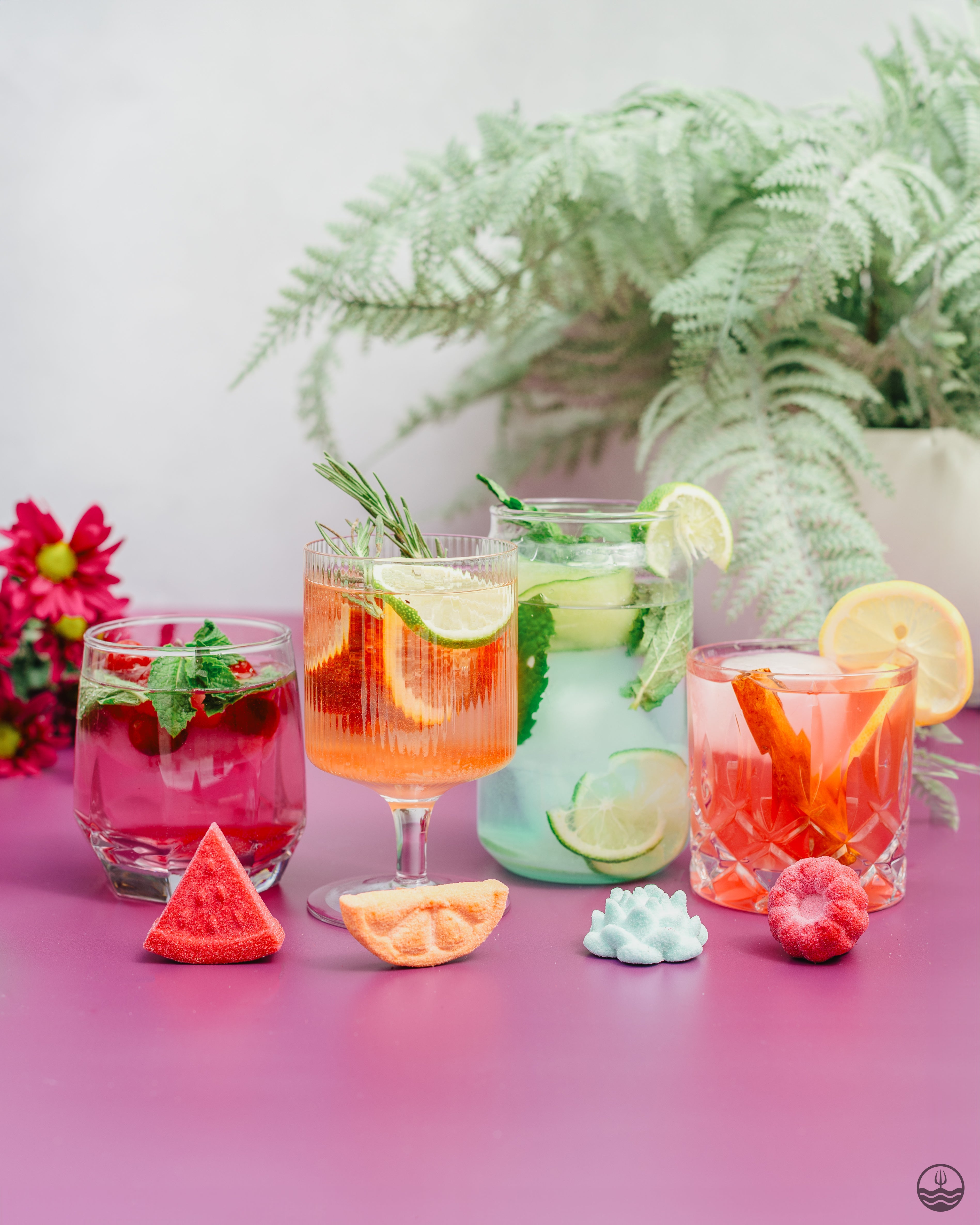 Assorted colorful cocktails with fruits and herbs on a pink surface with a plant in the background.