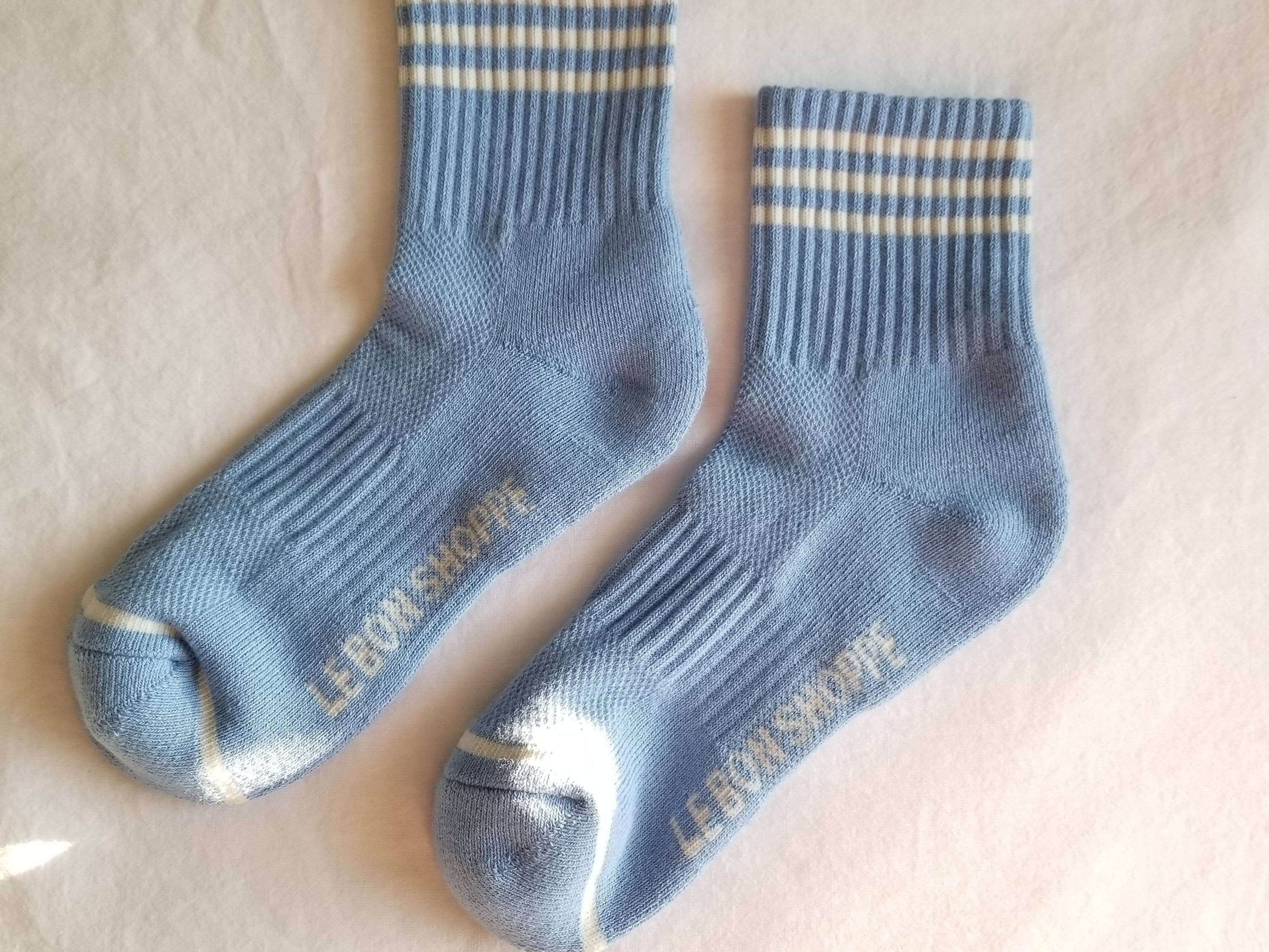 Pair of Girlfriend Socks is the cool crew in Parisian blue with three white stipes