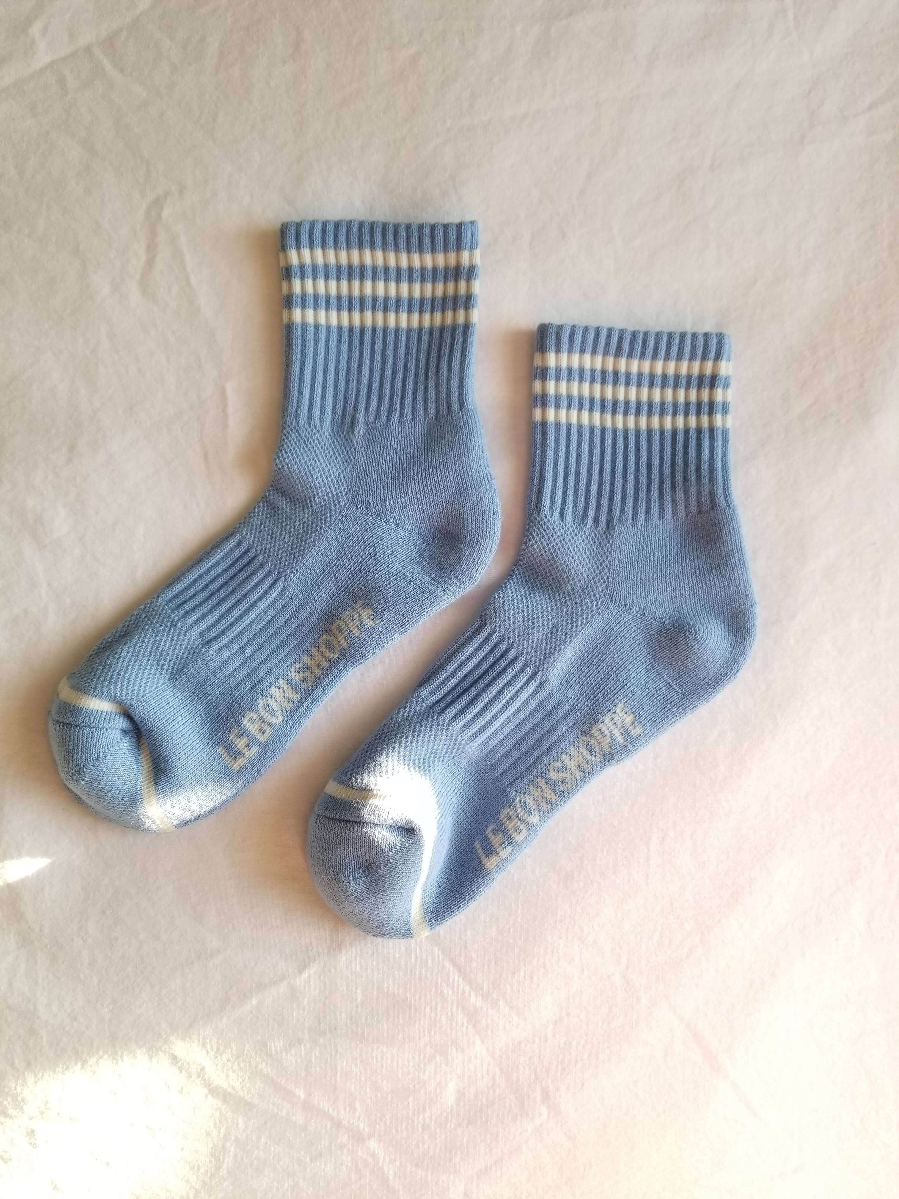 Pair of Girlfriend Socks is the cool crew in Parisian blue with three white stipes
