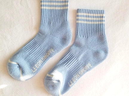 Pair of Girlfriend Socks is the cool crew in Parisian blue with three white stipes