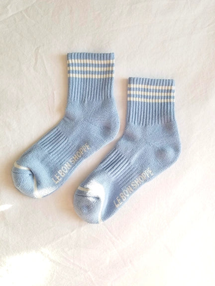 Pair of Girlfriend Socks is the cool crew in Parisian blue with three white stipes