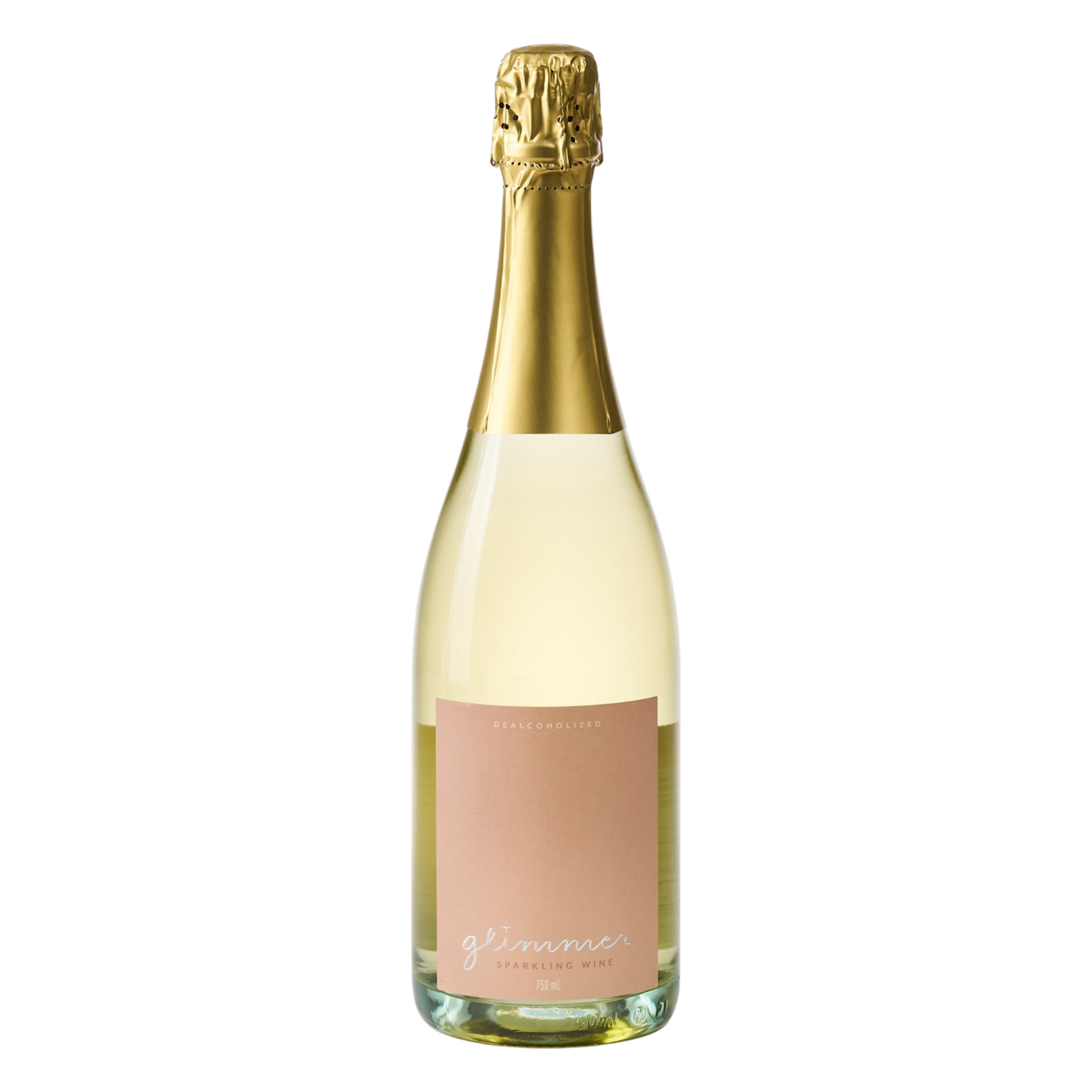 Bottle of champagne with a gold foil top on a white background