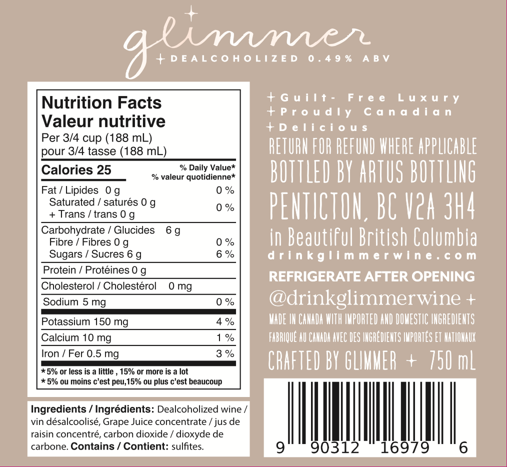 Glimmer wine label with nutrition facts and product details.