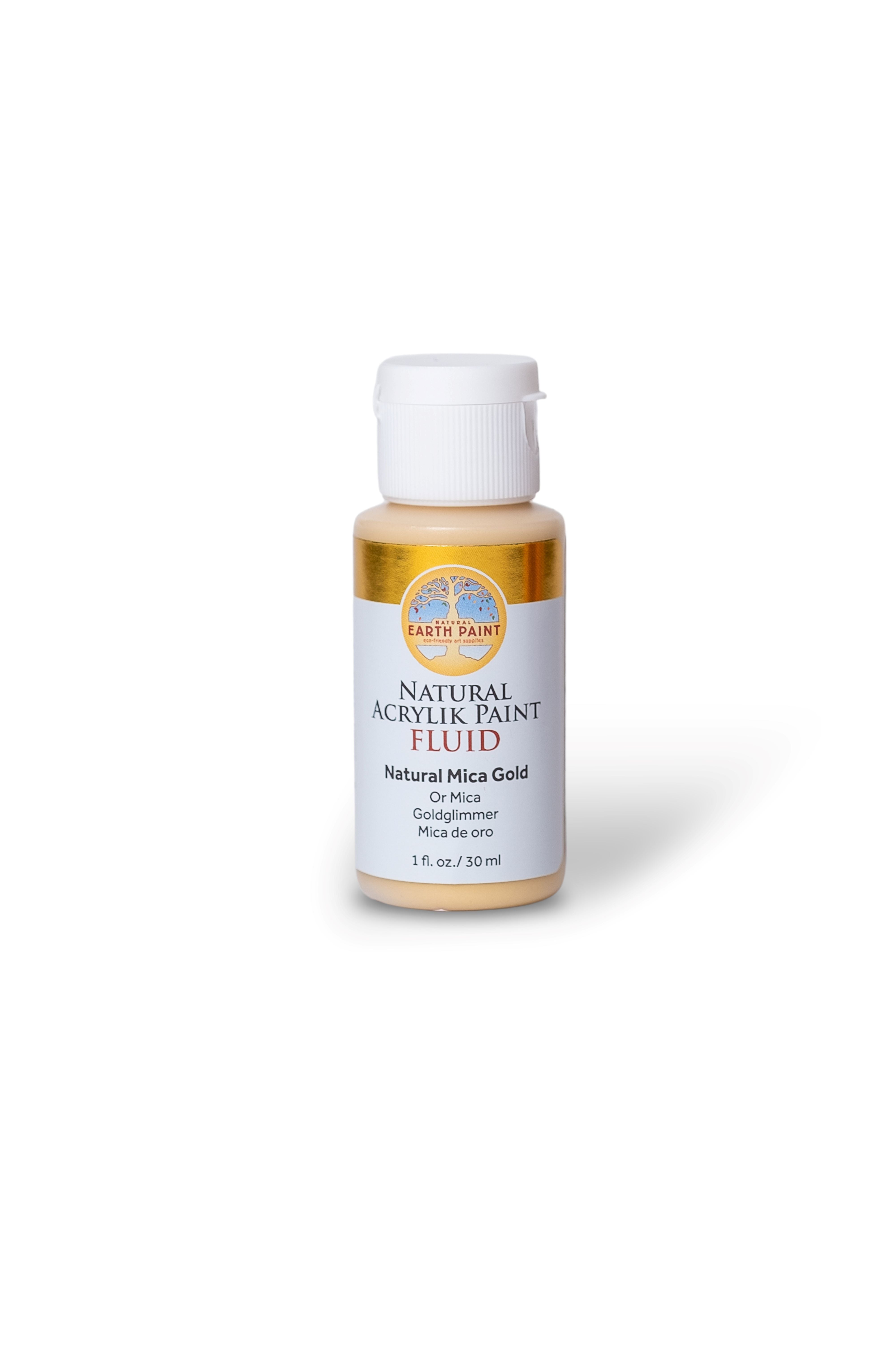 Bottle of natural acrylic paint with a white cap on a white background