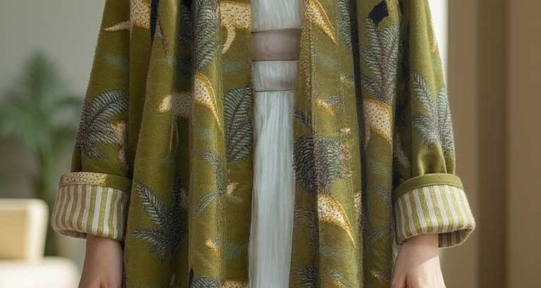 Green jungle print velvet kimono showcasing organic cotton handmade design with elegant sleeves and intricate patterns.