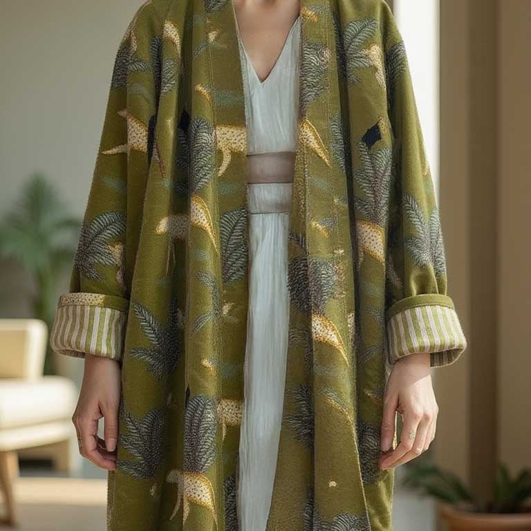 Green jungle print velvet kimono showcasing organic cotton handmade design with elegant sleeves and intricate patterns.