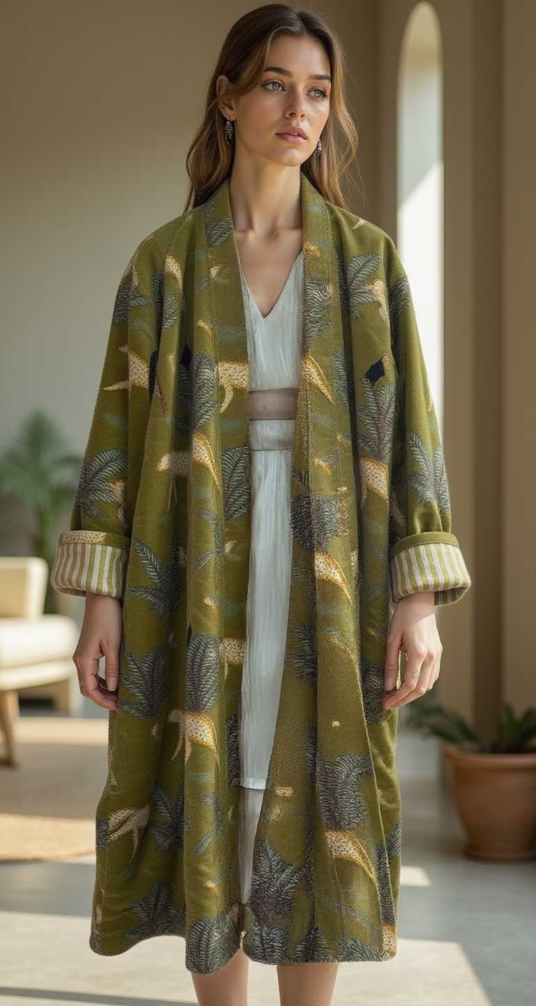 Green jungle print velvet kimono showcasing organic cotton handmade design with elegant sleeves and intricate patterns.