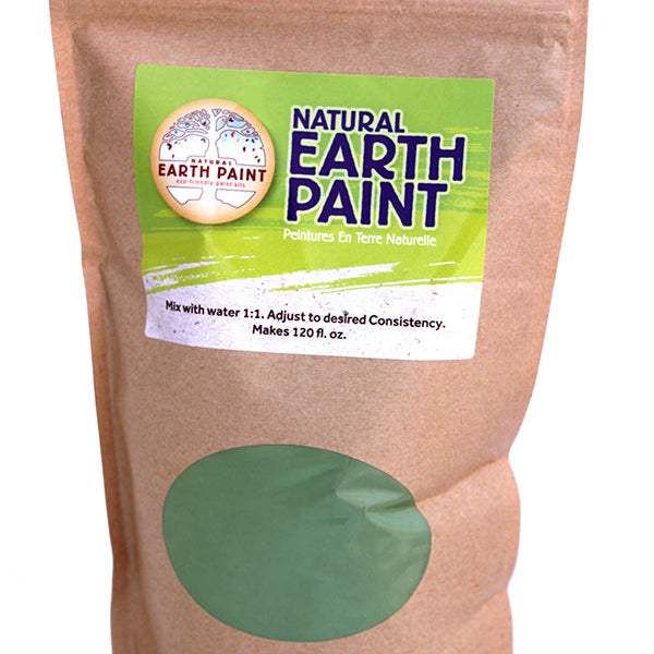 Bag of Natural Earth Paint with a green powder on a white background