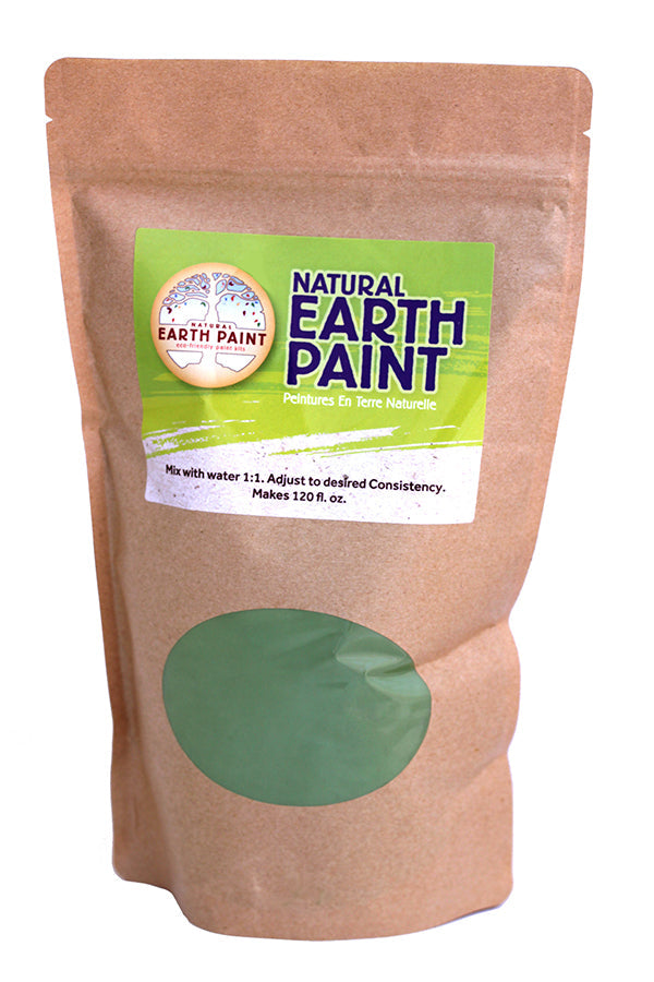 Bag of Natural Earth Paint with a green powder on a white background