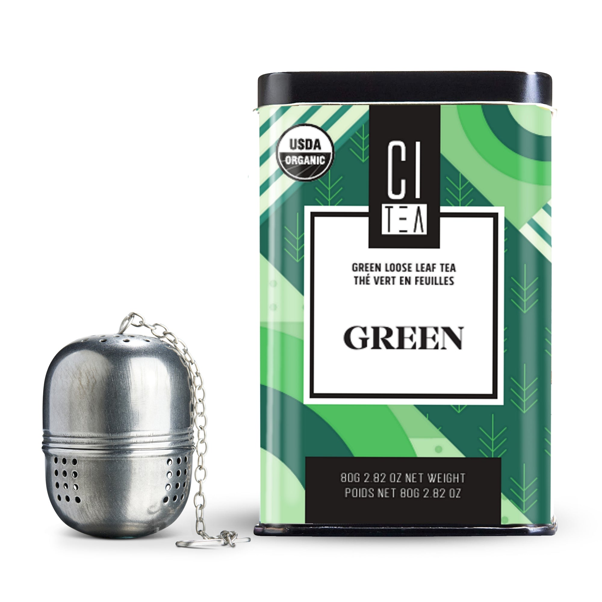 Tea canister with green design and tea ball on a white background
