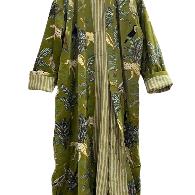 Green jungle print velvet kimono showcasing organic cotton handmade design with elegant sleeves and intricate patterns.