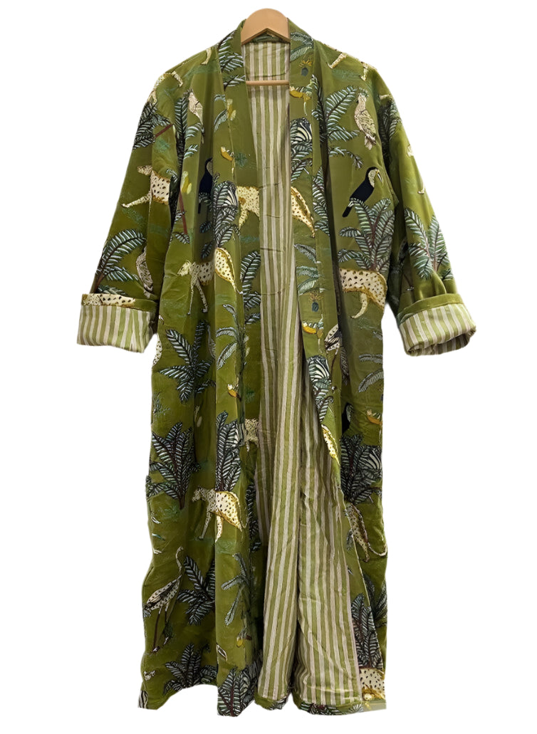 Green jungle print velvet kimono showcasing organic cotton handmade design with elegant sleeves and intricate patterns.