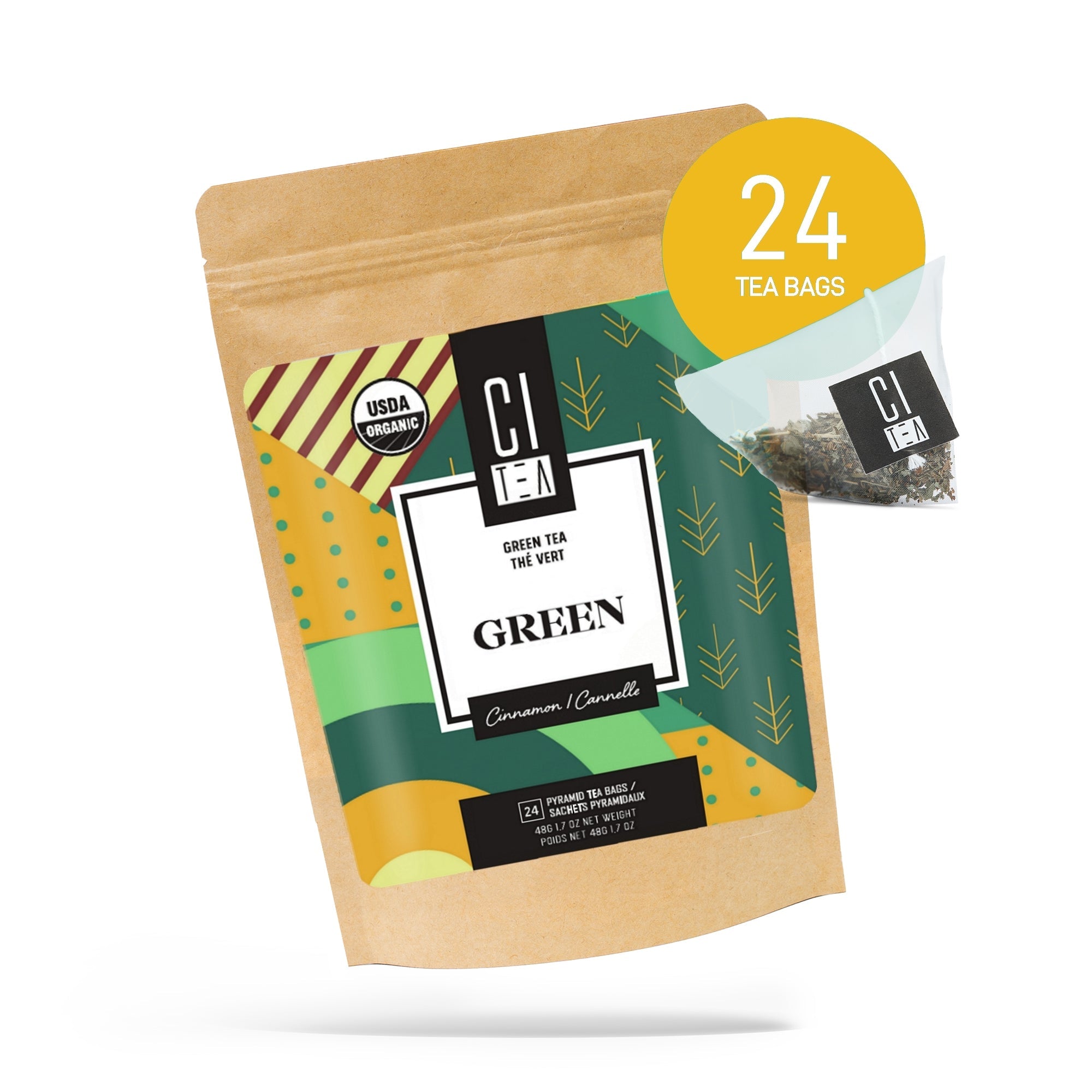 Tea package with green tea bags and visible branding on a white background
