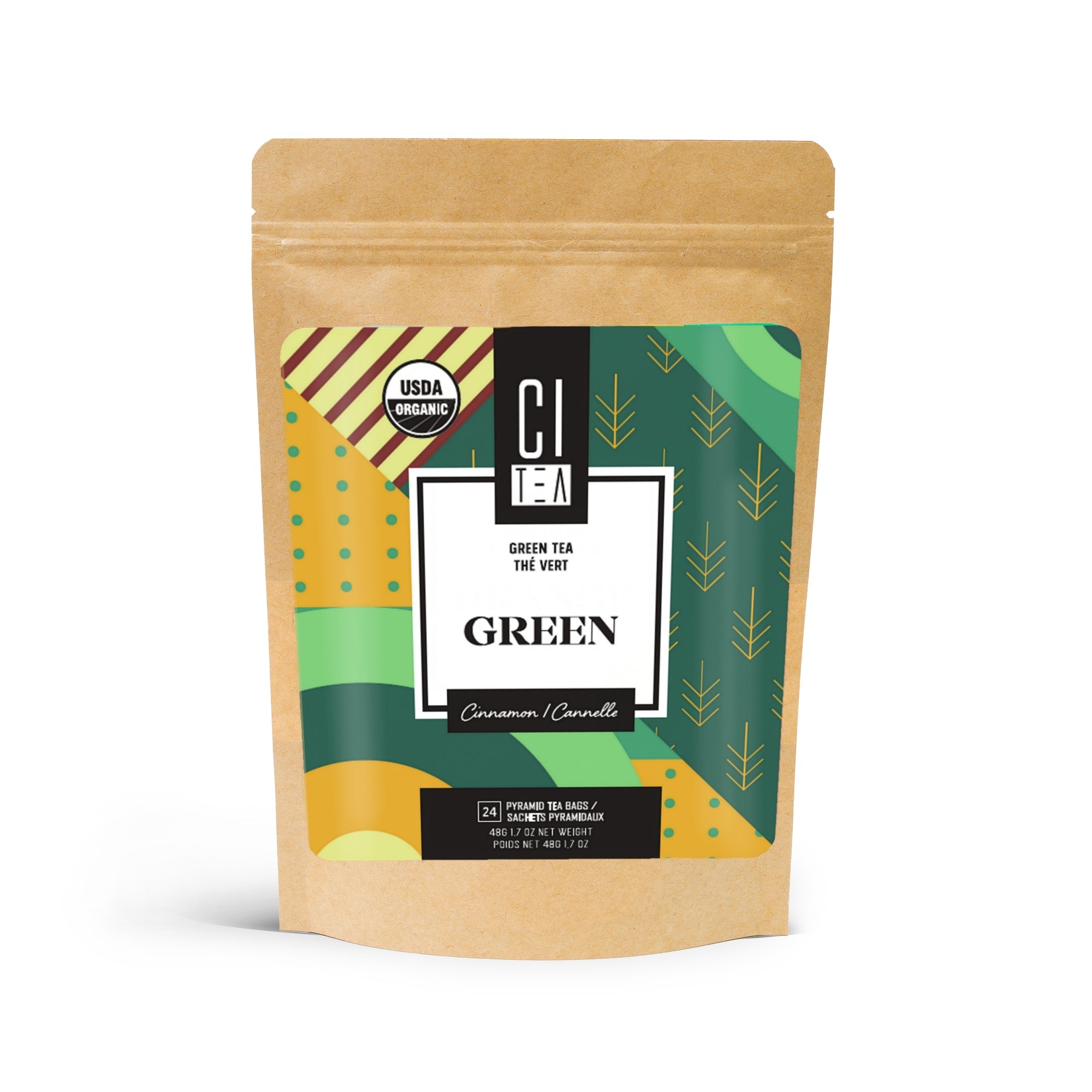 Tea package with colorful label on a white background