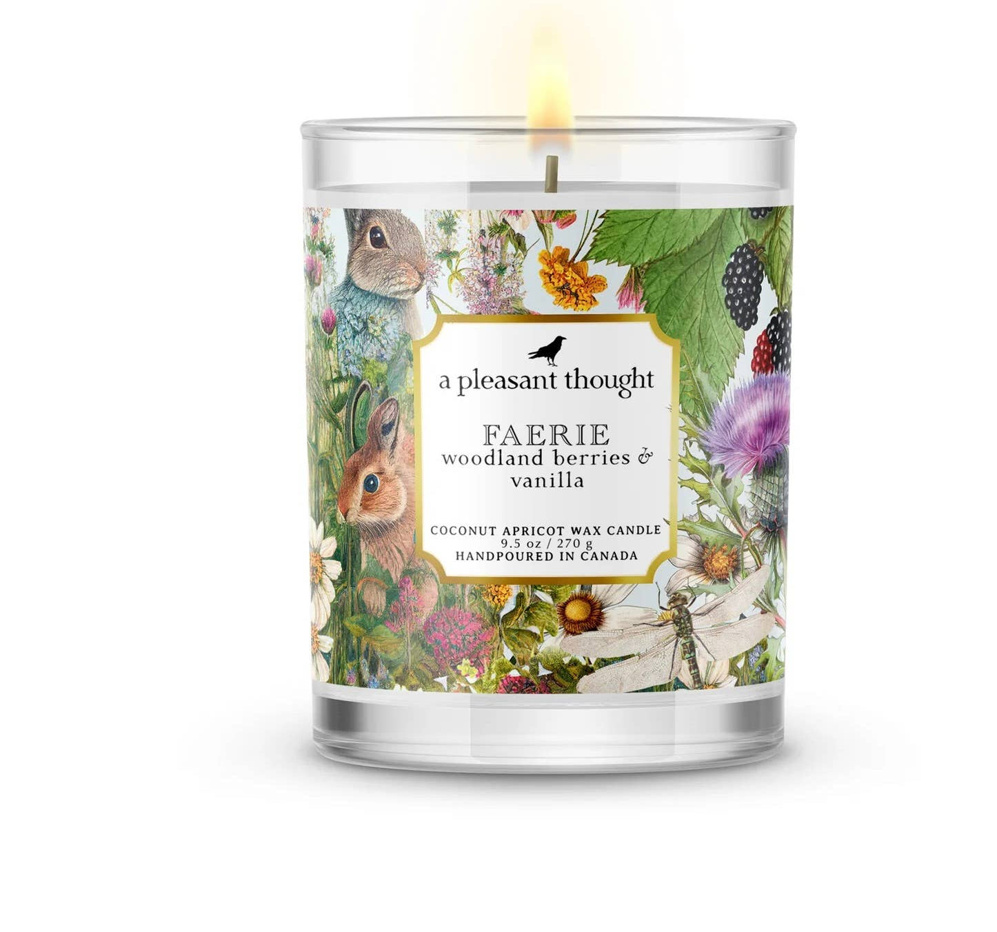 Faerie woodland berries and vanilla candle in clear glass, featuring vibrant nature artwork and a wooden wick.