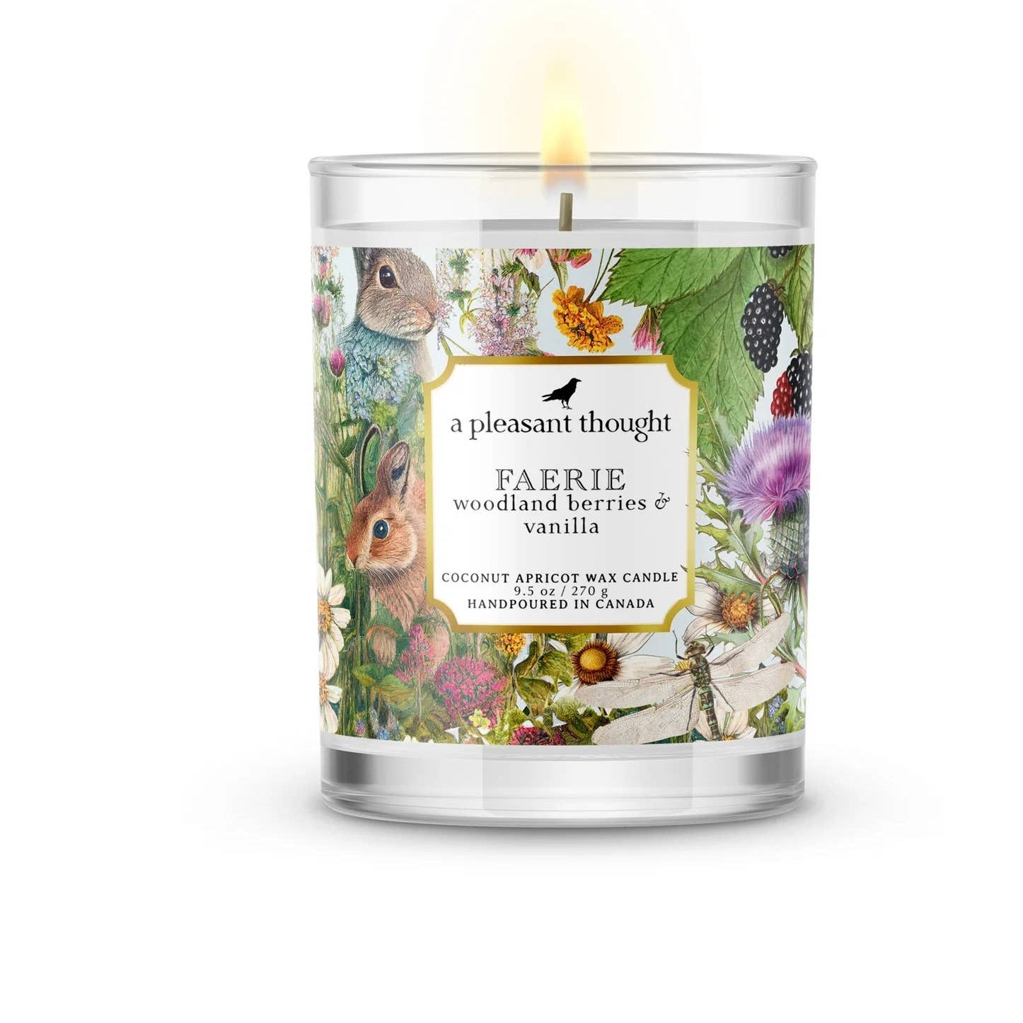 Faerie woodland berries and vanilla candle in clear glass, featuring vibrant nature artwork and a wooden wick.