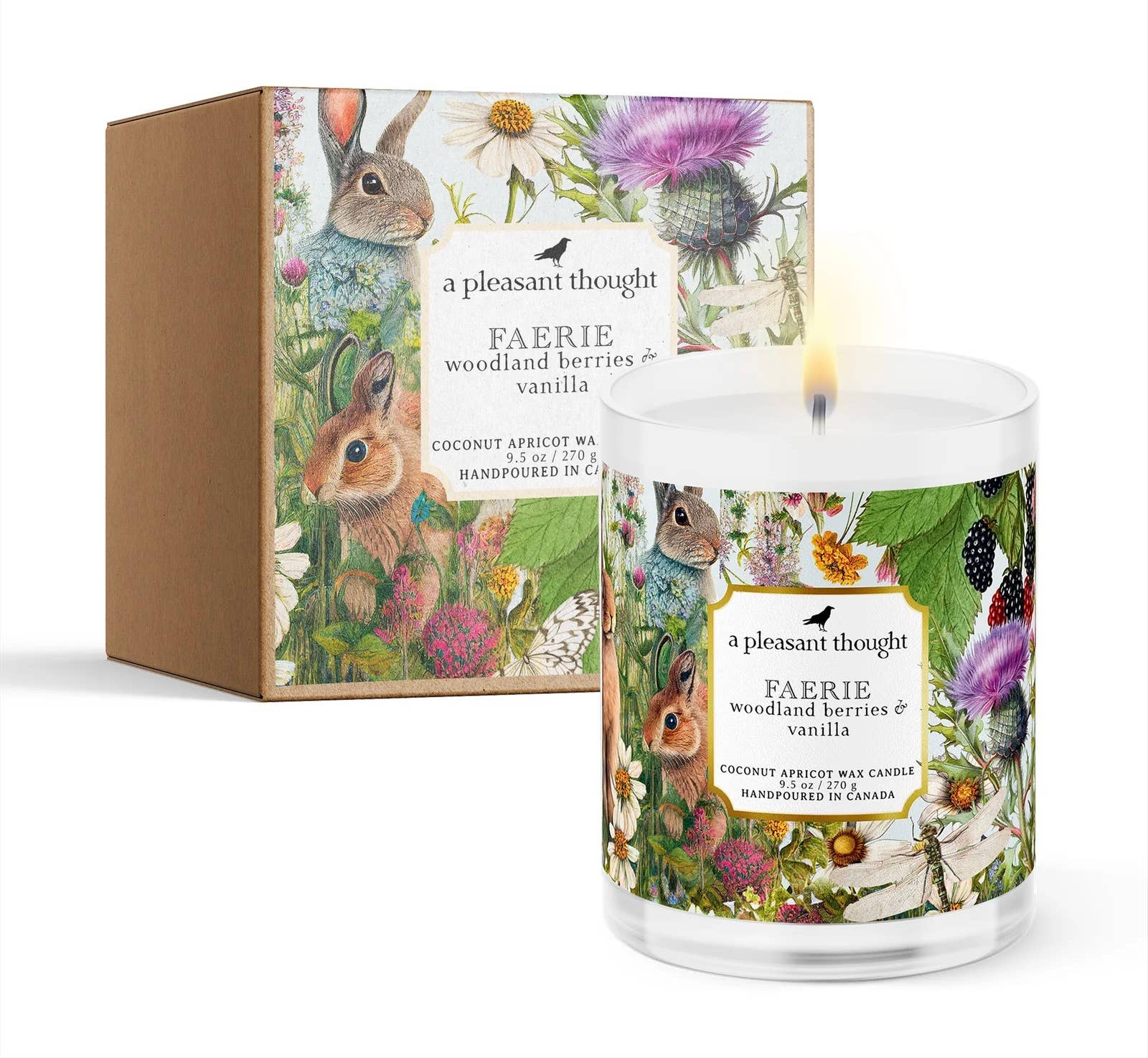 FAERIE woodland berries and vanilla candle in clear glass votive with vibrant floral design and packaging.
