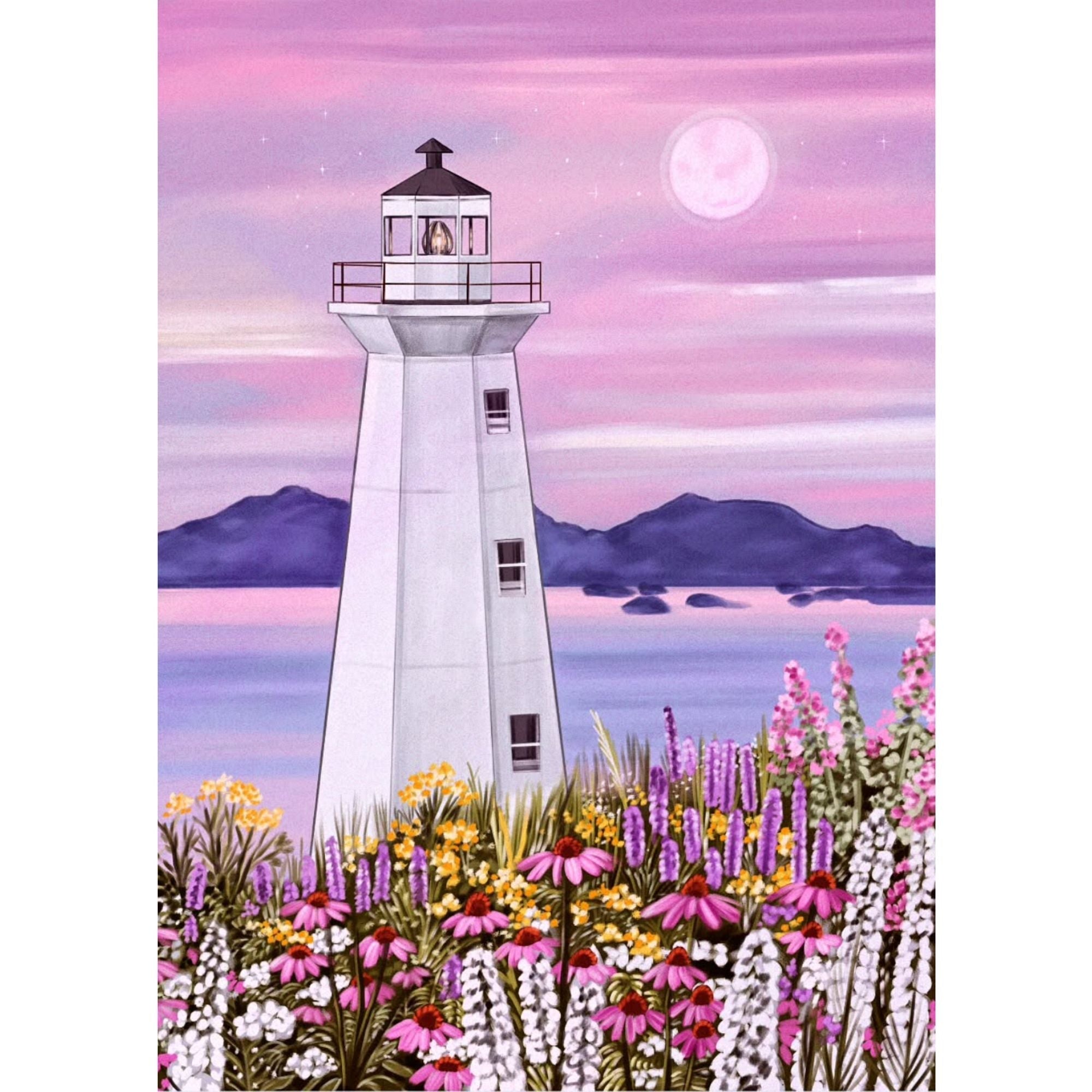 Harbour Lighthouse  1000-Piece Puzzle for Adults Lighthouse surrounded by flowers with a purple sky and moon